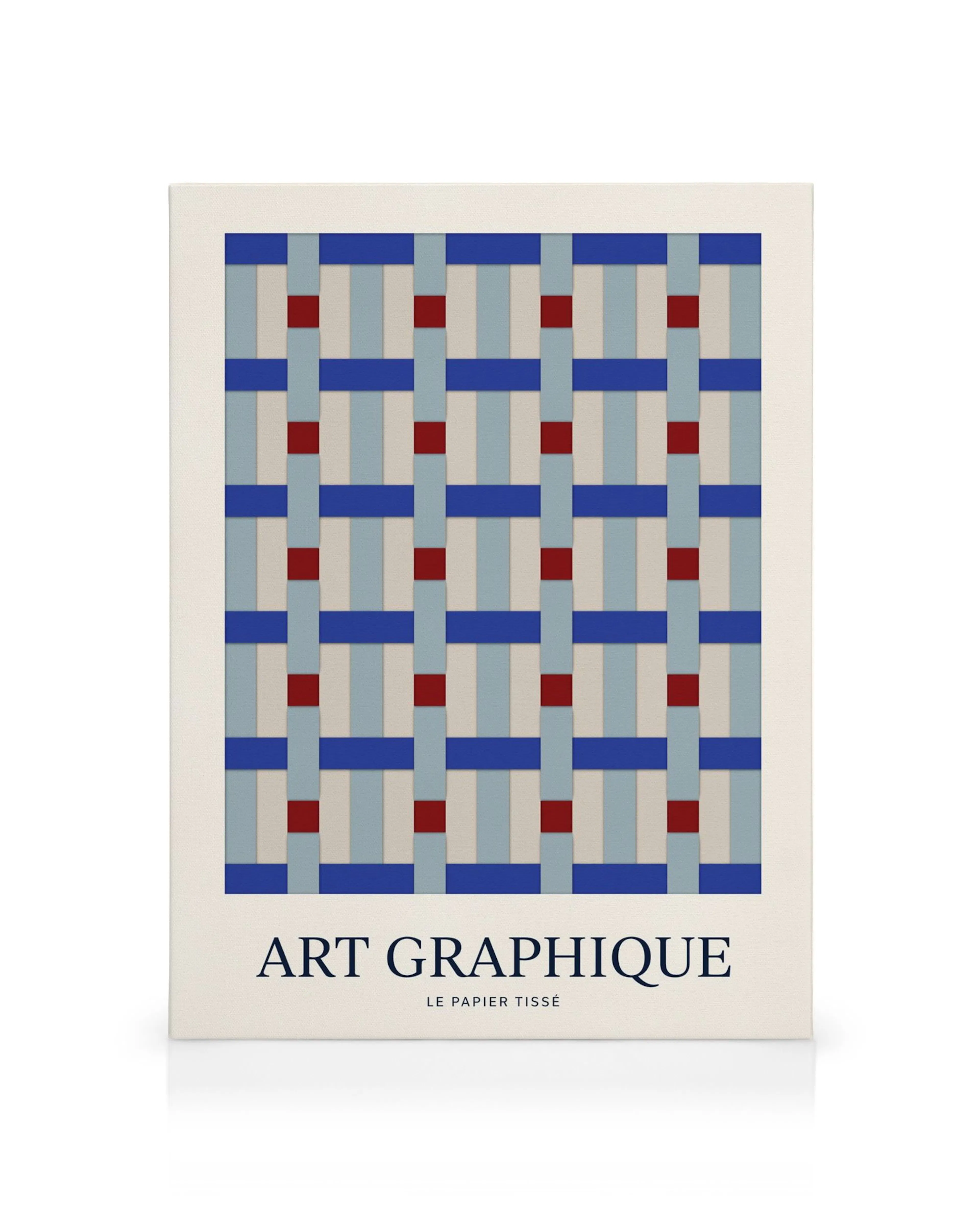 Tela decorativa com padrão geométrico de quadrados e retângulos em azul, creme e vermelho, com texto ART GRAPHIQUE.