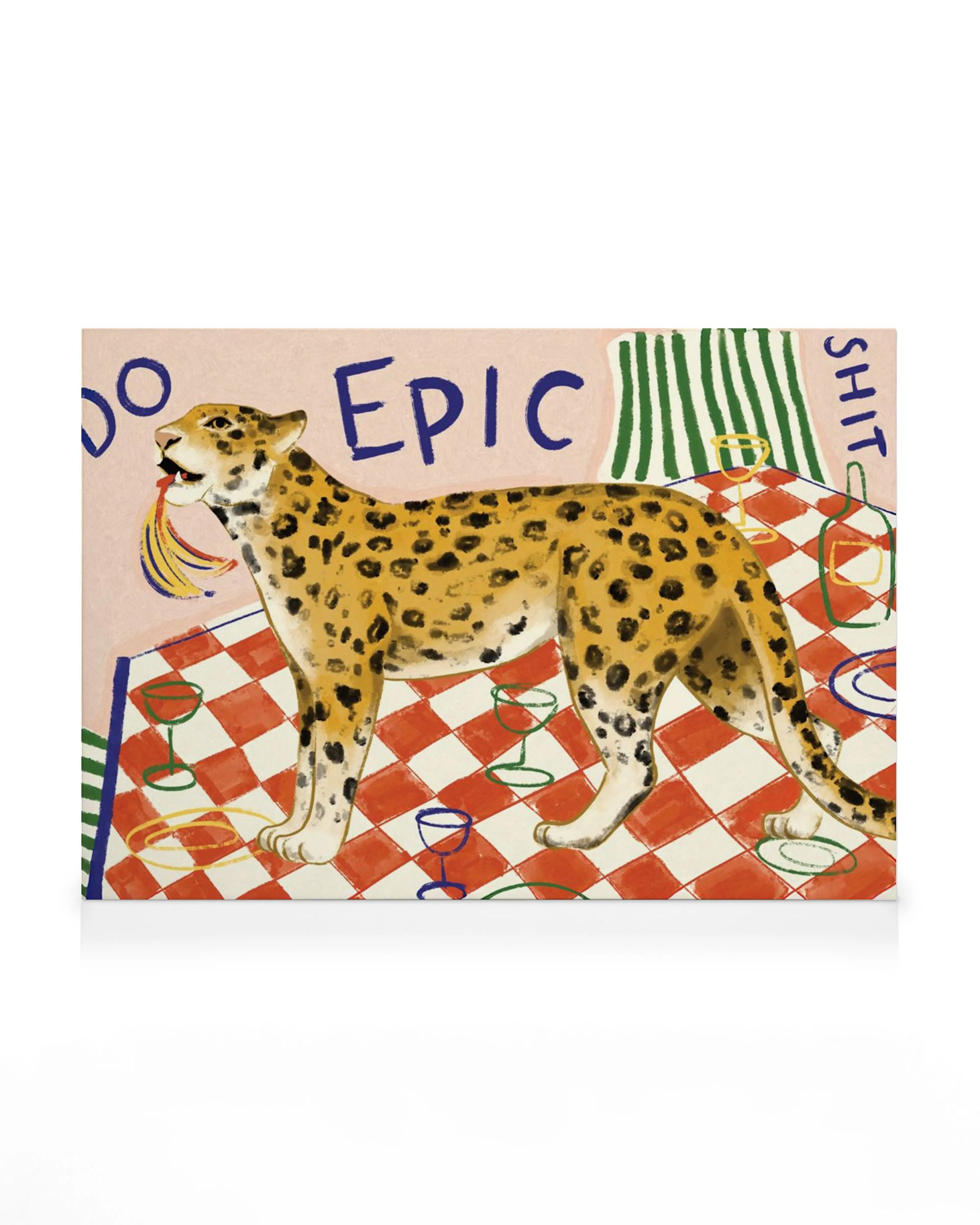 Toile Do Epic Shit avec un léopard tacheté sur une nappe à carreaux rouges et blancs avec des verres.