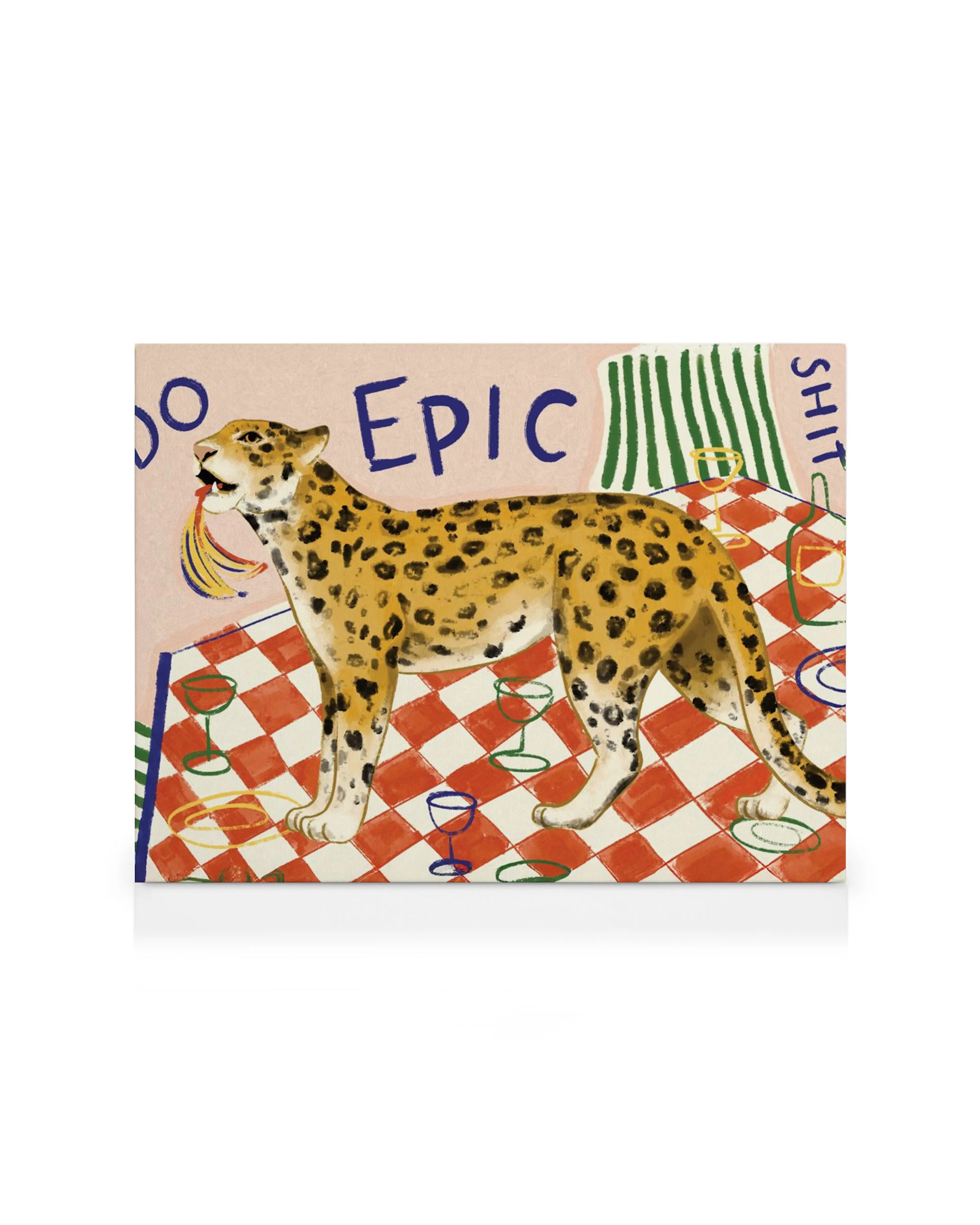 A playful canvas print of a leopard holding bananas, standing on a red and white checkered tablecloth. The text DO EPIC SHIT is 