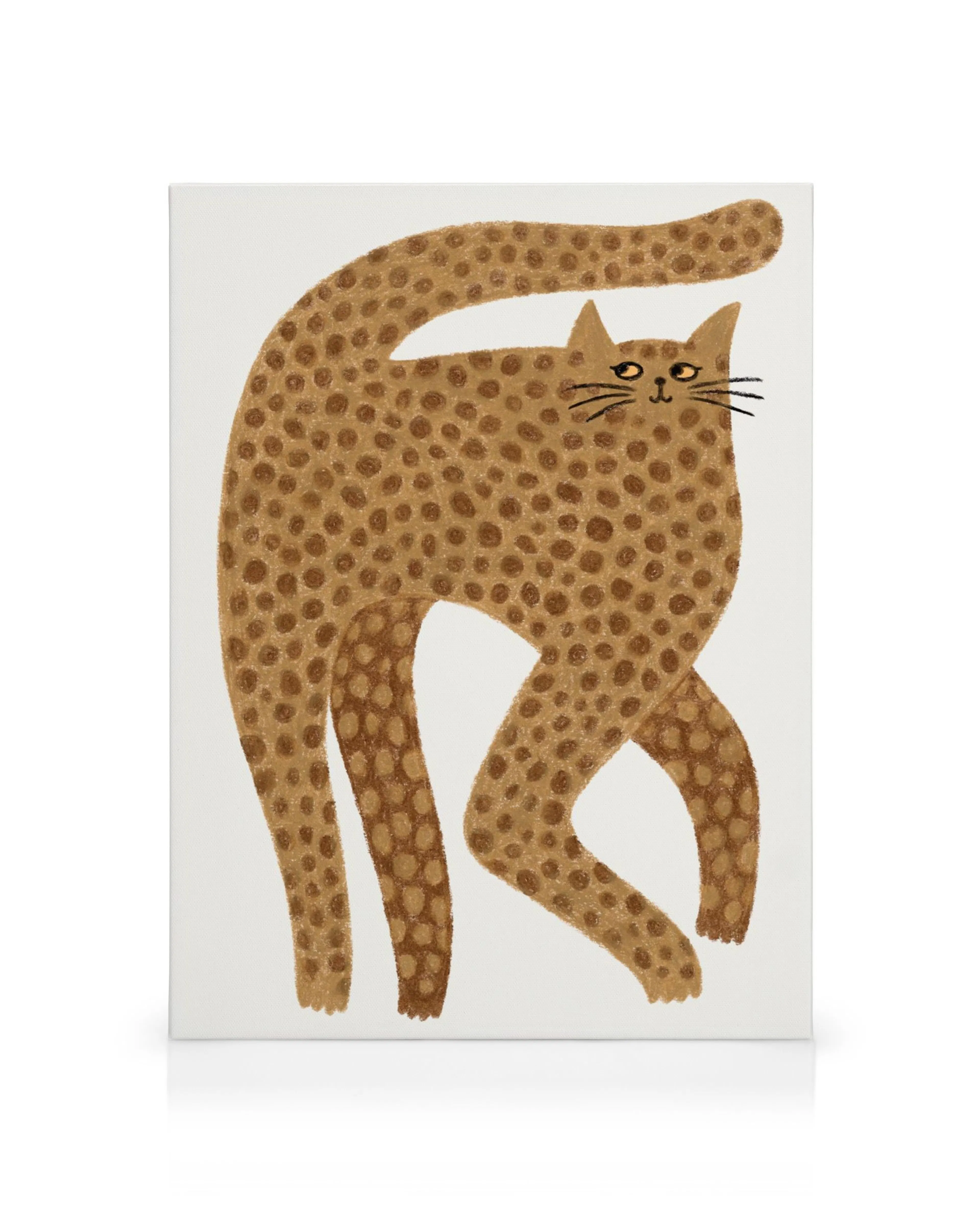Lerretsbilde med en illustrasjon av en brun, prikkete katt med sort nese og værhår, og en hevet hale.