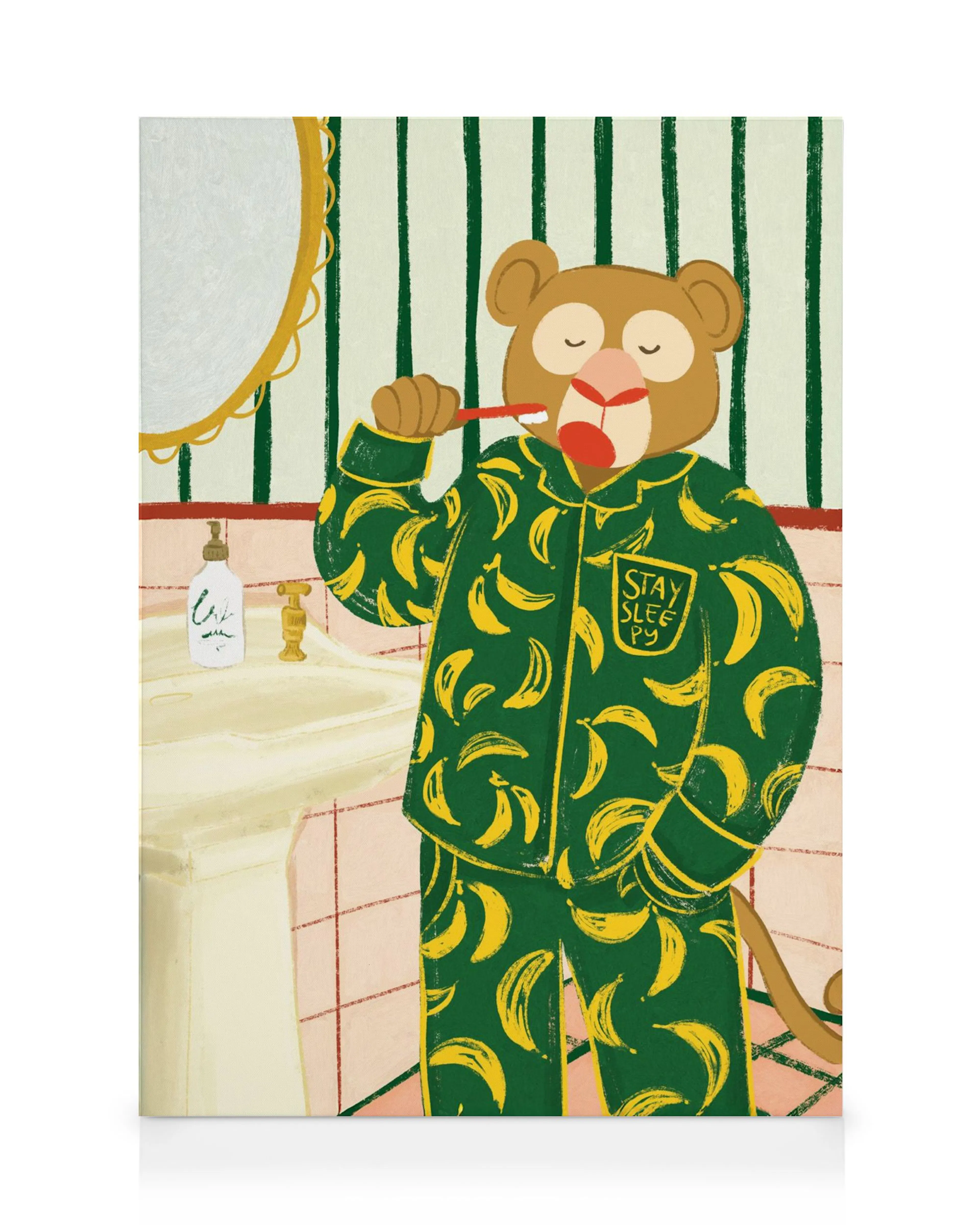 A monkey in banana pyjamas brushing teeth in a bathroom scene, featured on a whimsical canvas print.