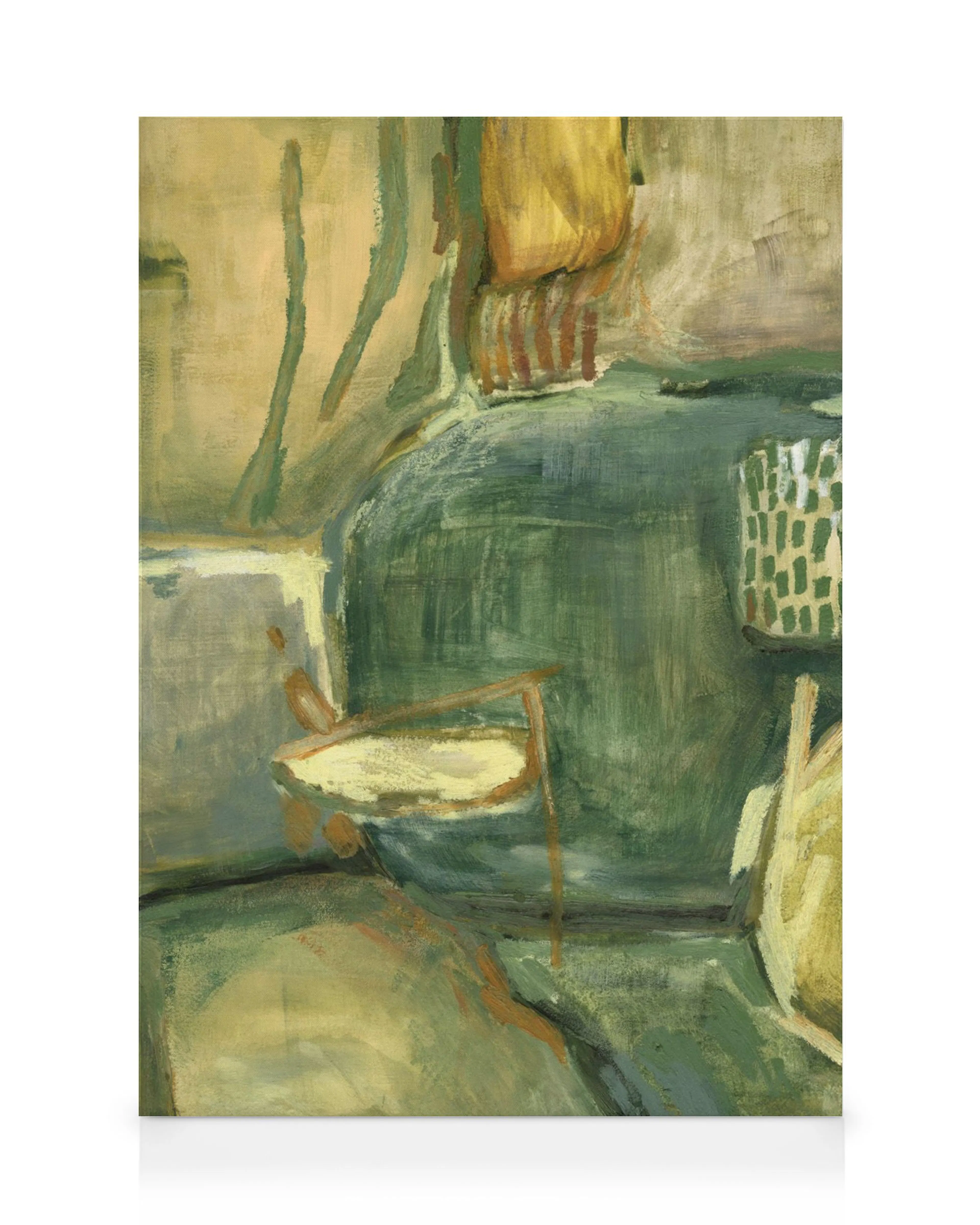 A canvas print featuring abstract shapes in earthy tones of green, yellow, and beige with visible brushstrokes.