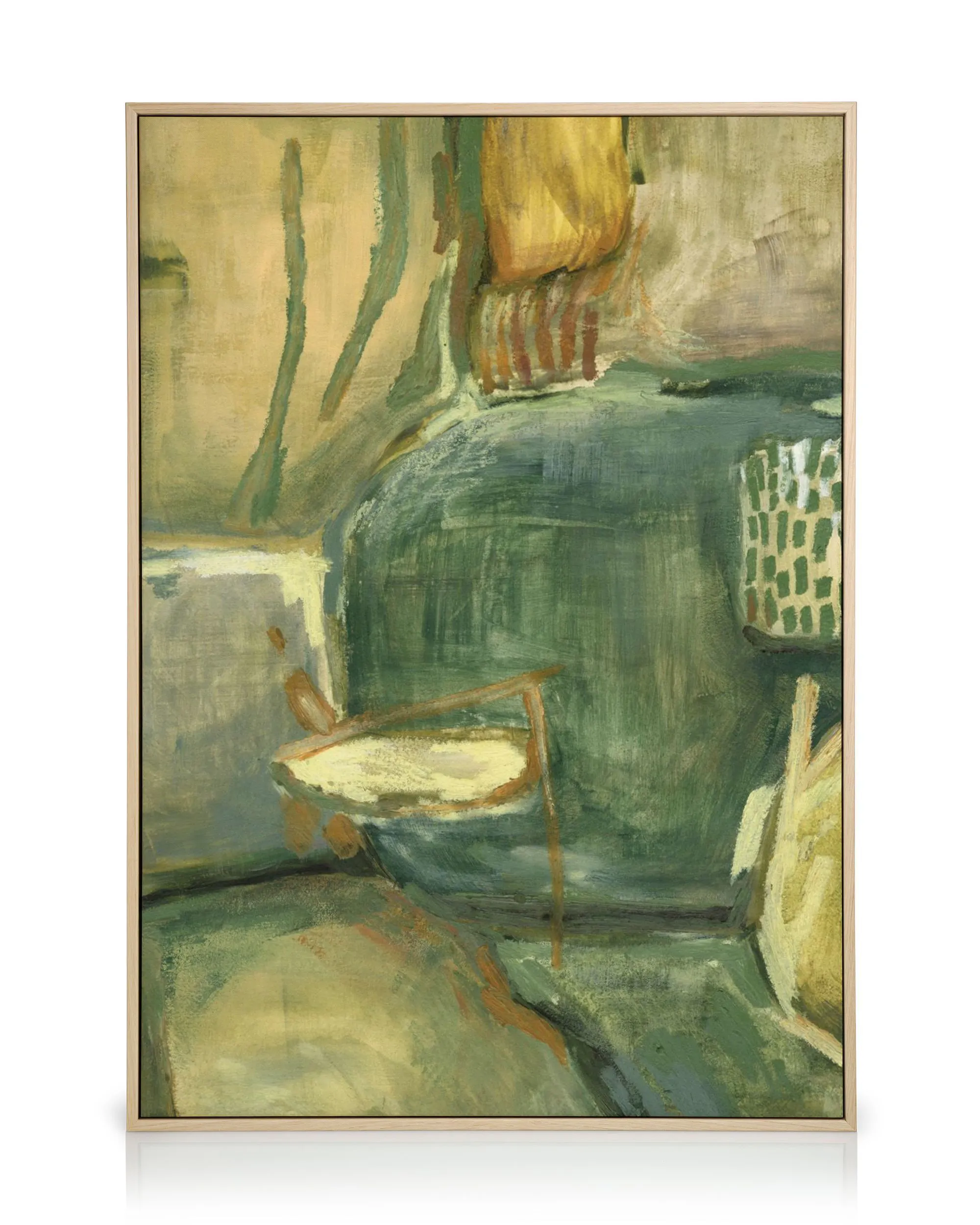 Lienzo abstracto con formas orgánicas en tonos verde oscuro, amarillo y beige, y toques de terracota.