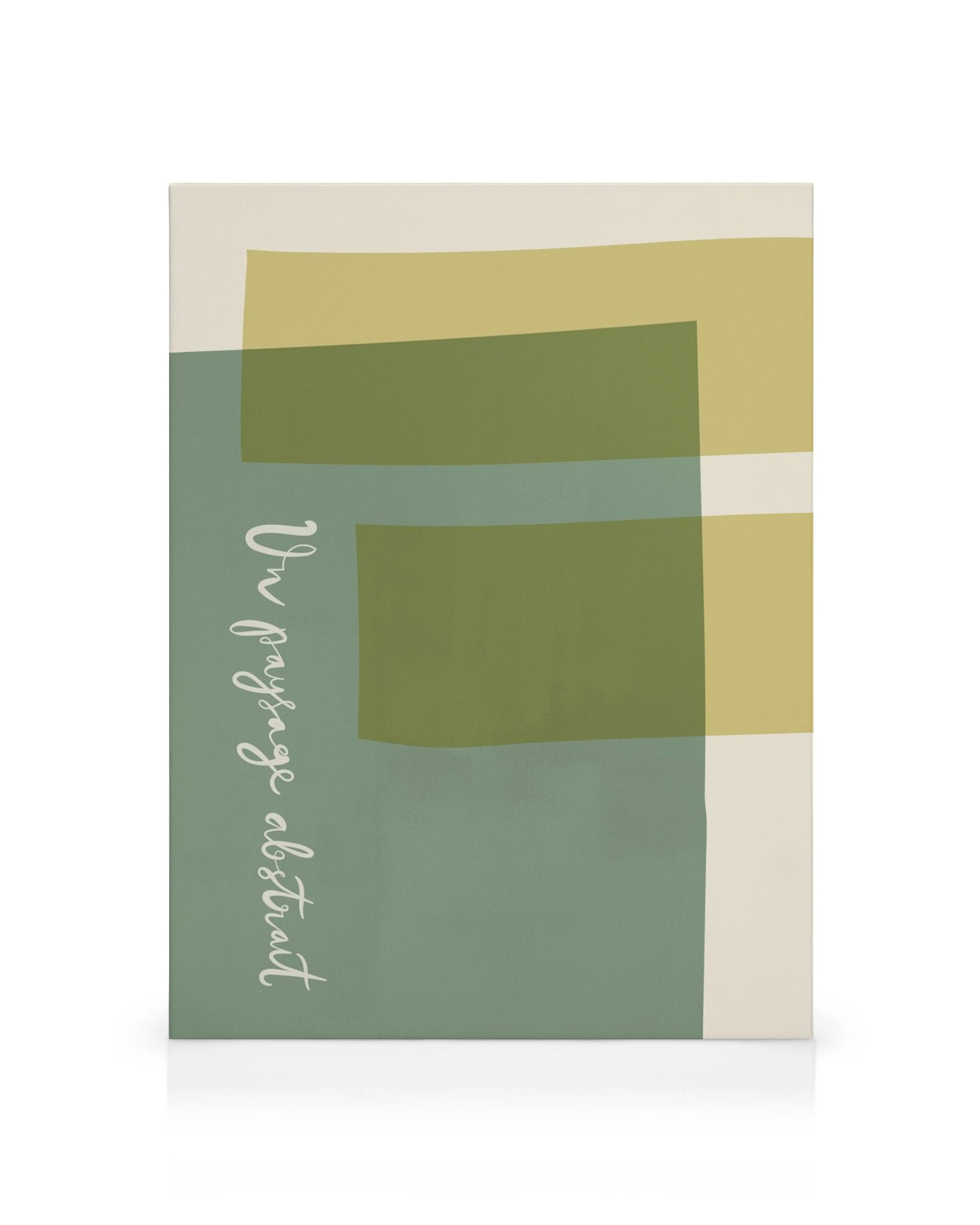 Leinwandbild mit überlappenden rechteckigen Formen in Grün, Oliv und Beige, mit dem Schriftzug Un paysage abstrait.