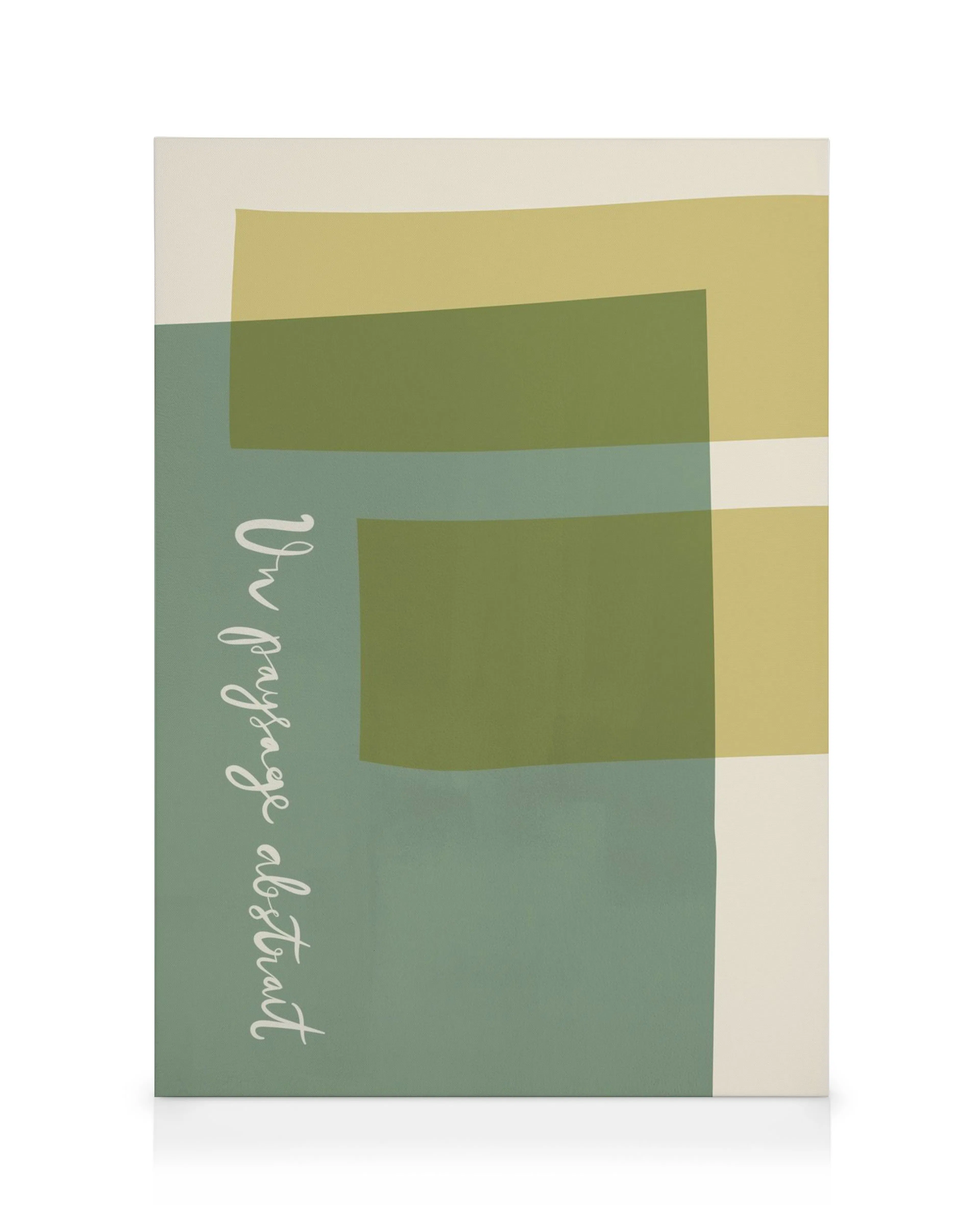 Tela decorativa com blocos abstratos em verde-azeitona, verde-escuro e azul-acinzentado, com texto Un paysage abstrait em branco