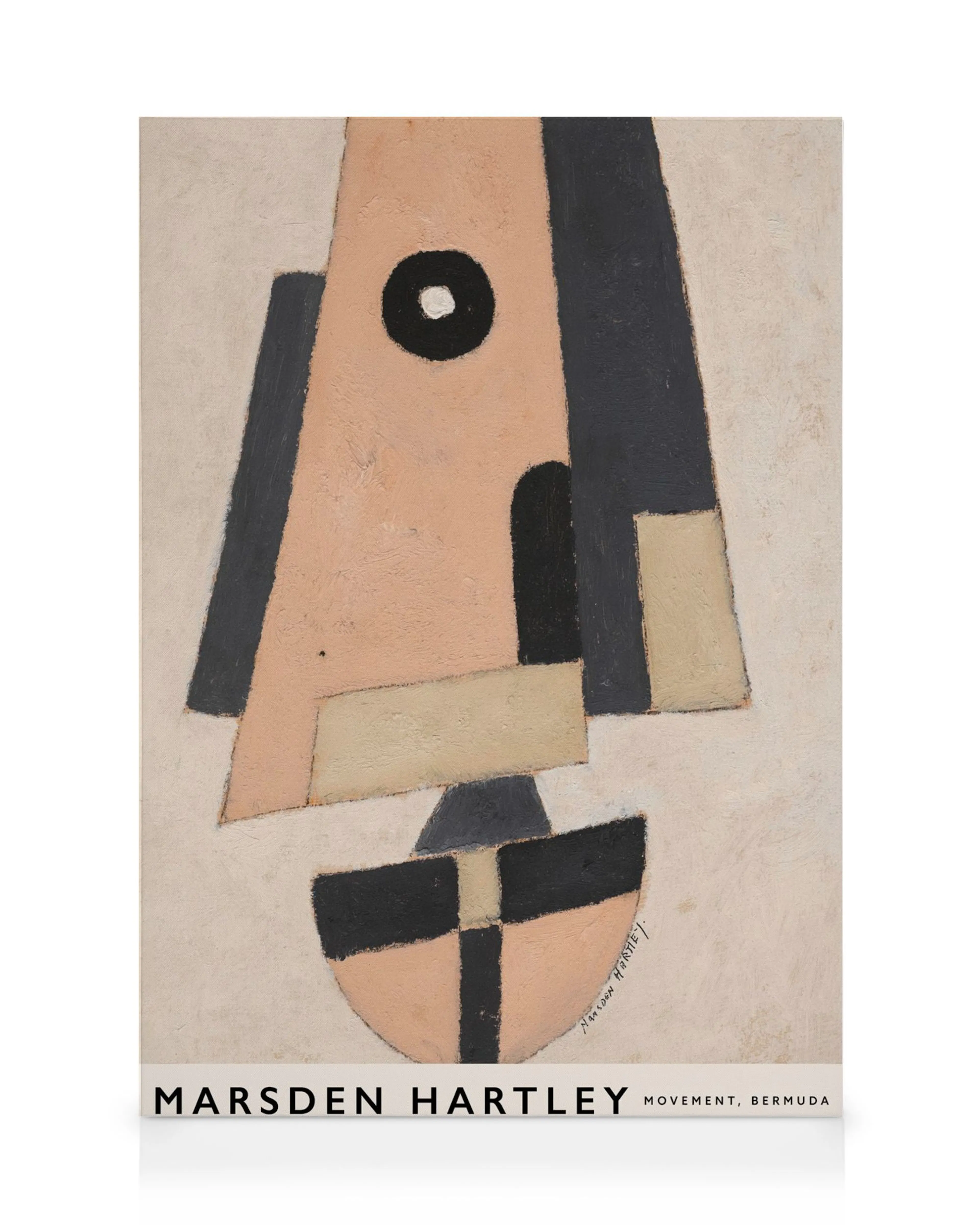 Stampa su tela con un volto astratto in tonalità beige, nero e crema, opera di Marsden Hartley.