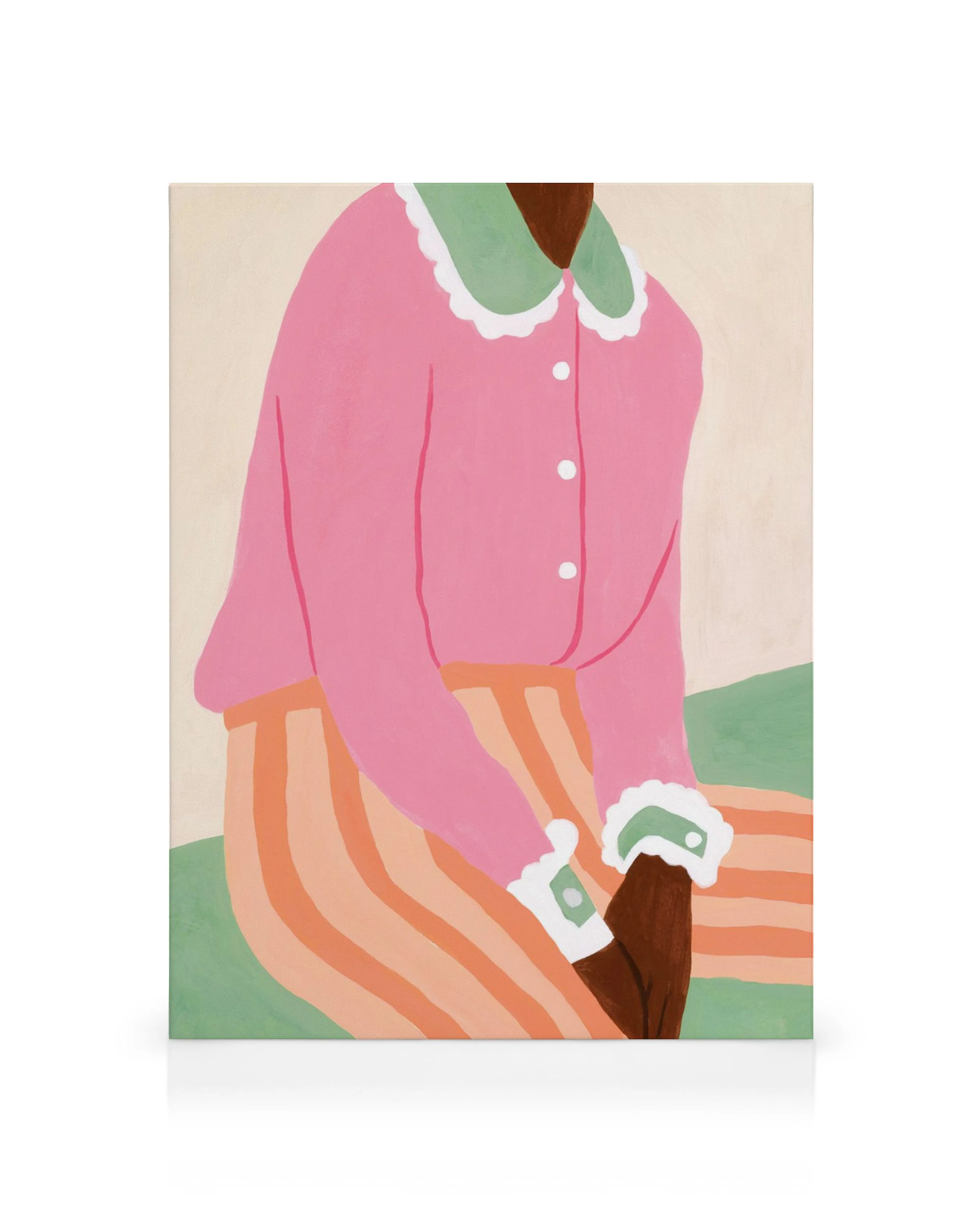 Leinwandbild mit einer Person in rosa Bluse mit weißem Kragen und gestreifter Hose in Pastellfarben.