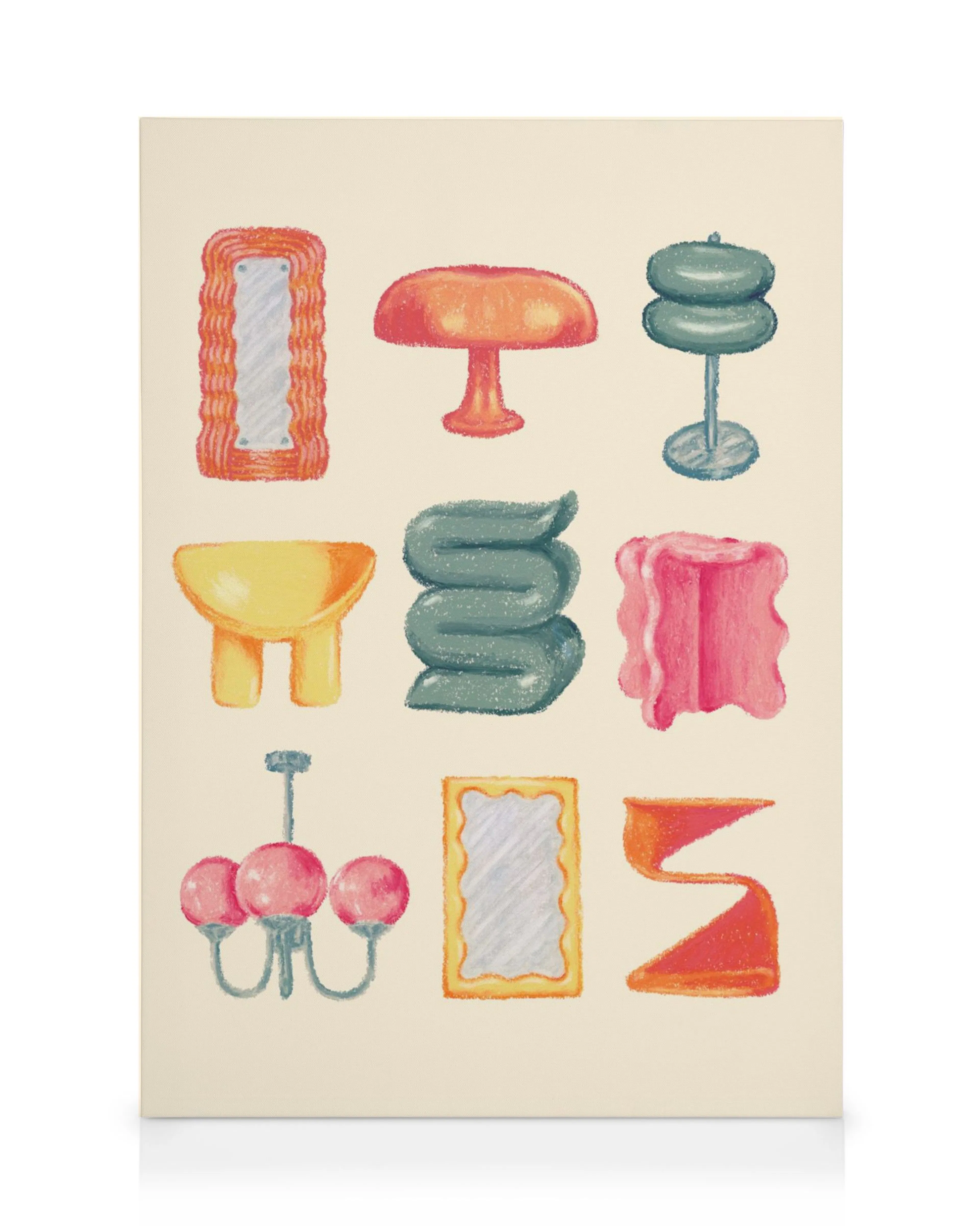 A canvas print with nine hand-drawn mid-century modern objects in orange, green, yellow, and pink on a cream background.