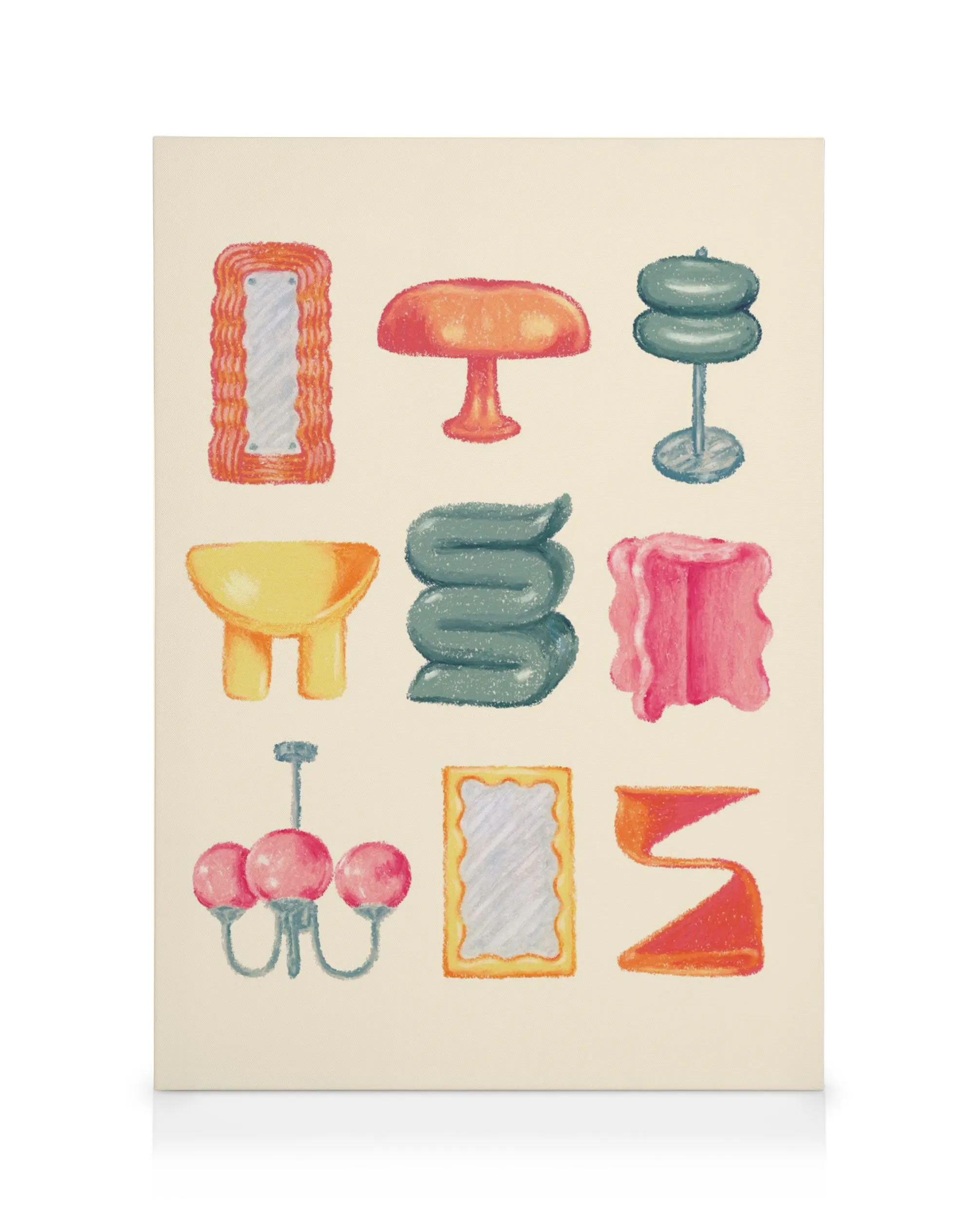 Tela decorativa com nove ilustrações de objetos de design retro em tons pastel, dispostos em três linhas e três colunas.