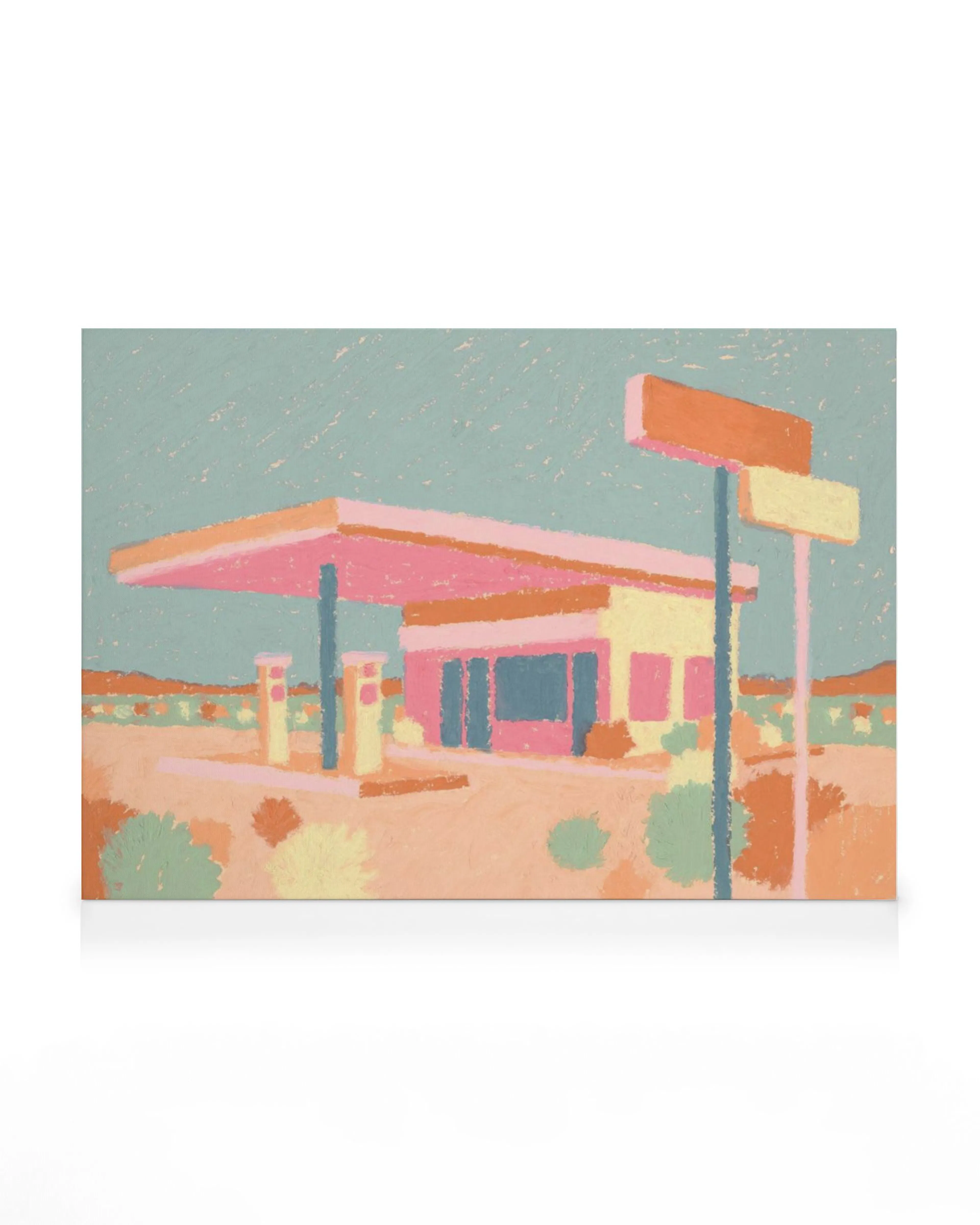 Toile dune station-service de style désertique aux couleurs vives rose, pêche et bleu-vert.