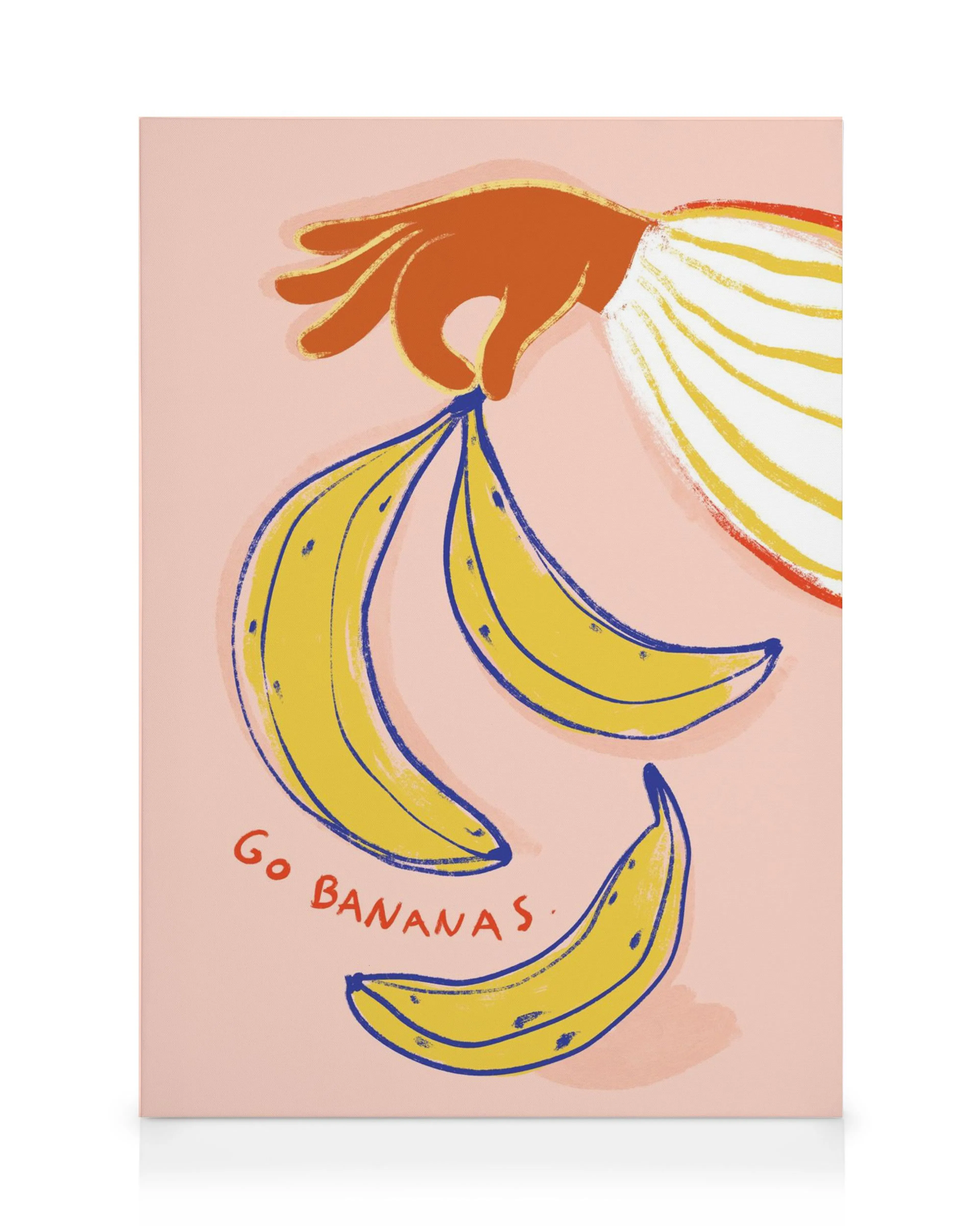 Leinwandbild mit einer Hand, die Bananen hält, und dem Schriftzug Go Bananas auf rosafarbenem Hintergrund.