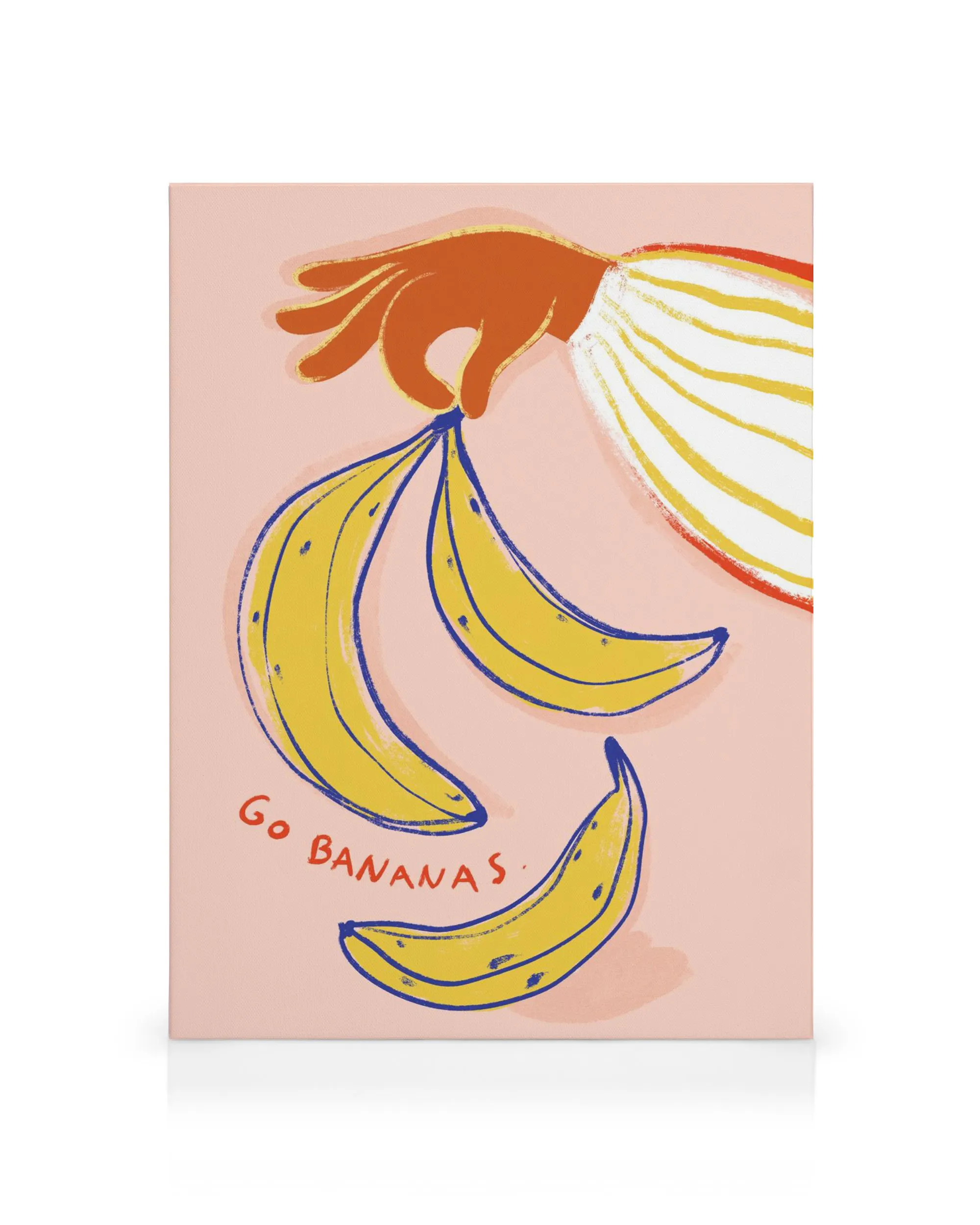 Een canvas met een hand die gele bananen vasthoudt en de tekst Go Bananas op een roze achtergrond.