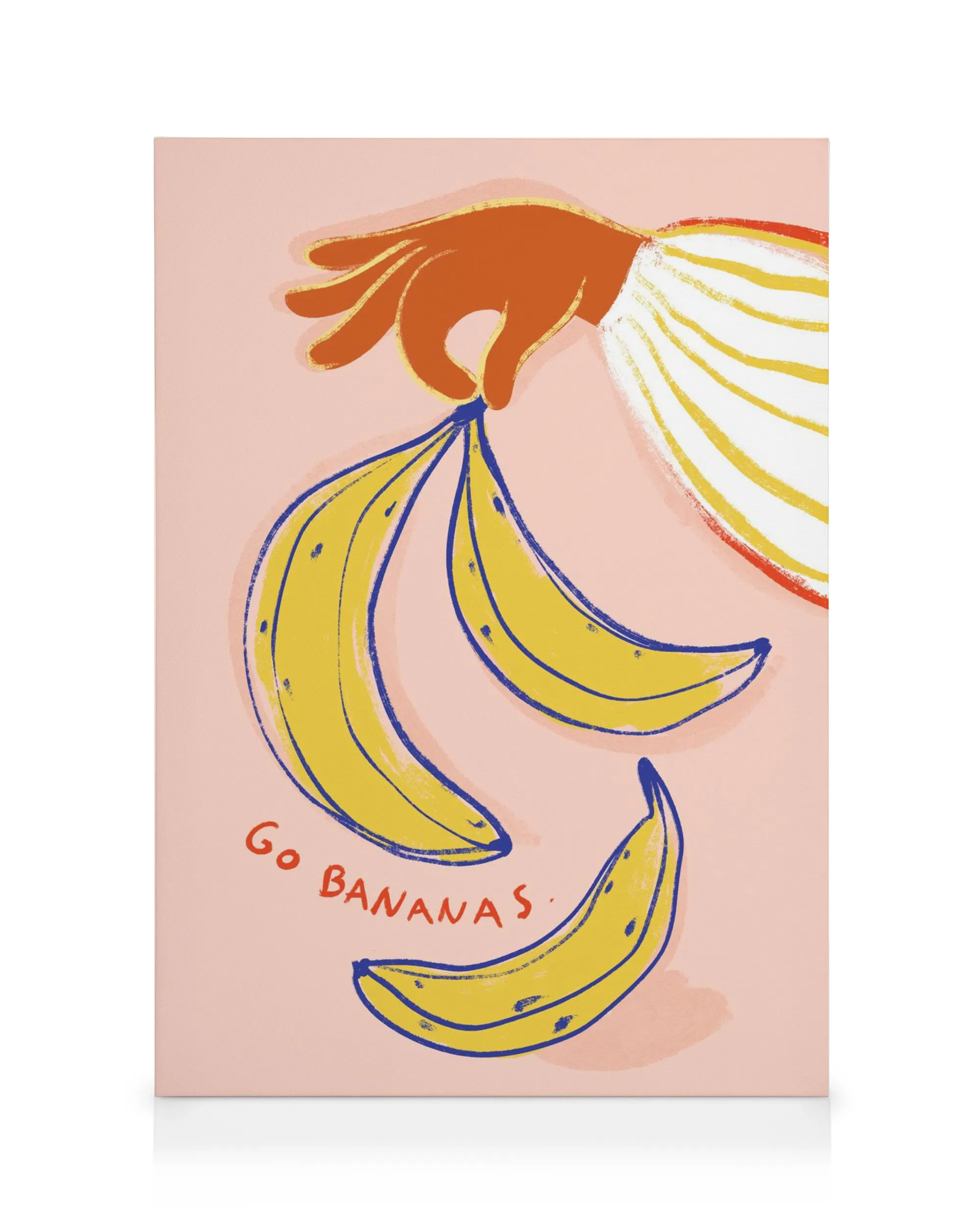 Tela decorativa com uma mão a segurar bananas amarelas e a frase Go Bananas em fundo rosa.