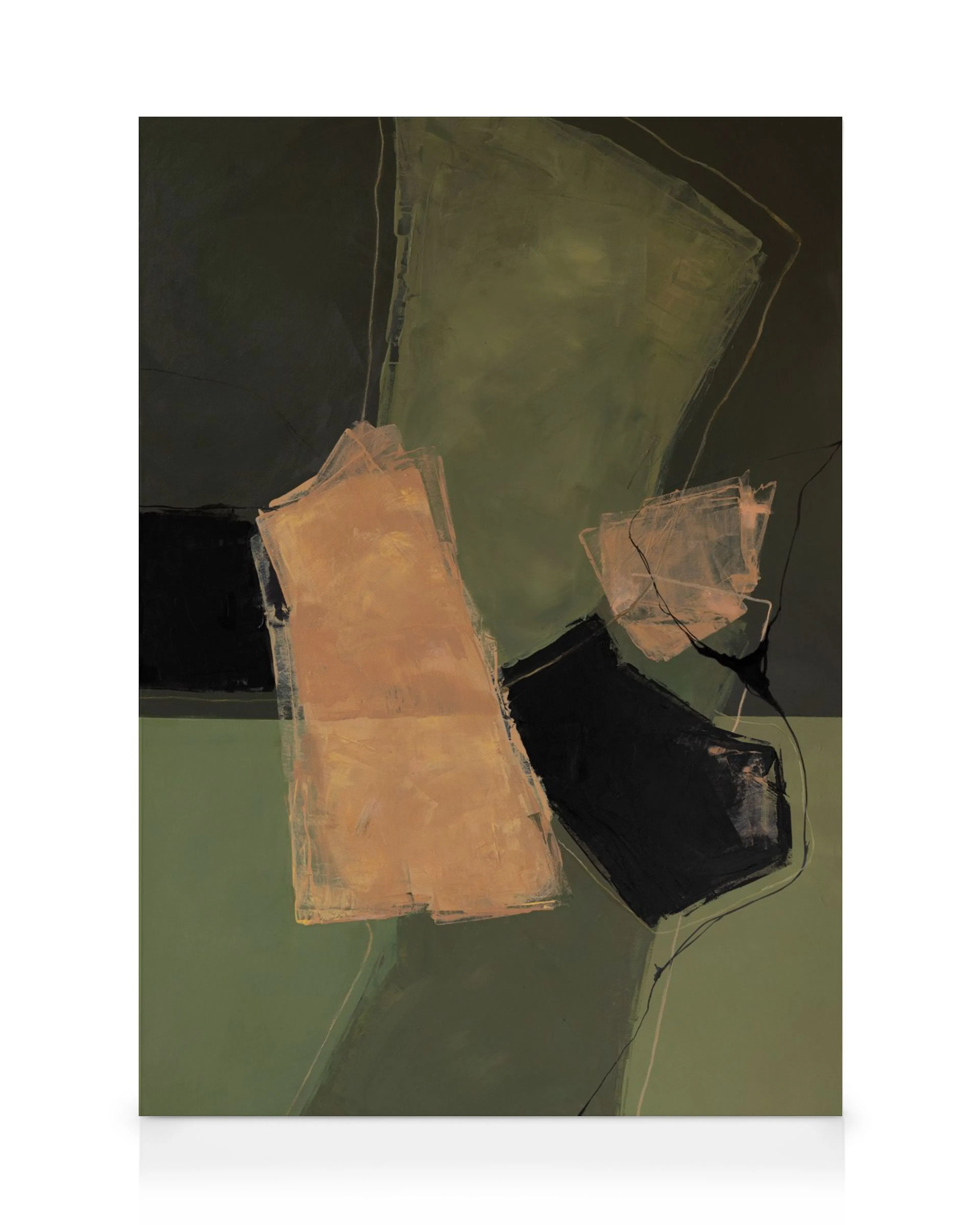 A canvas print featuring an abstract design with overlapping geometric shapes in shades of green, black, and light brown with th