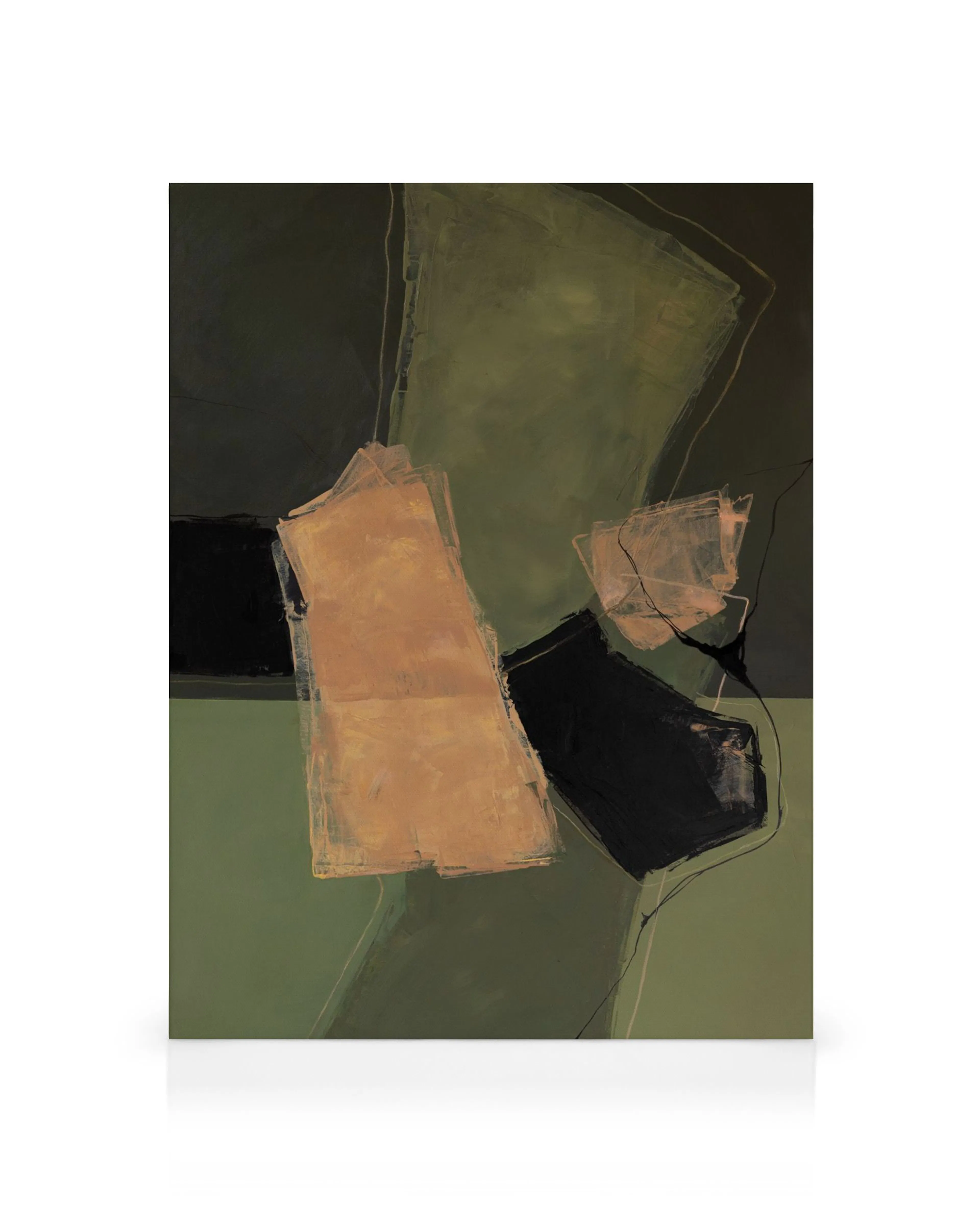 Toile abstraite aux formes géométriques superposées en beige, noir et vert olive sur fond vert foncé.