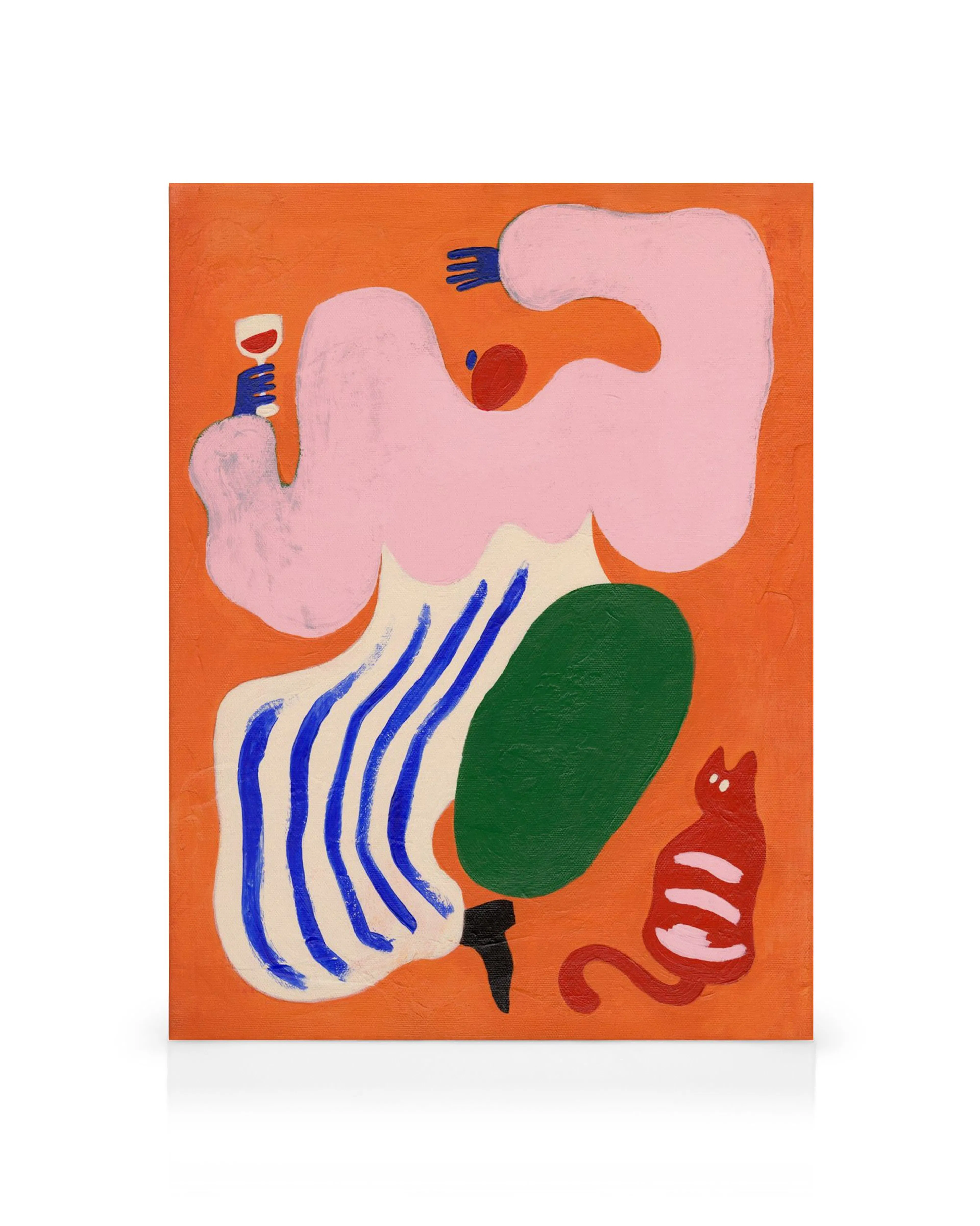 A canvas print featuring a colorful abstract woman holding a wine glass with a red cat nearby on an orange background.