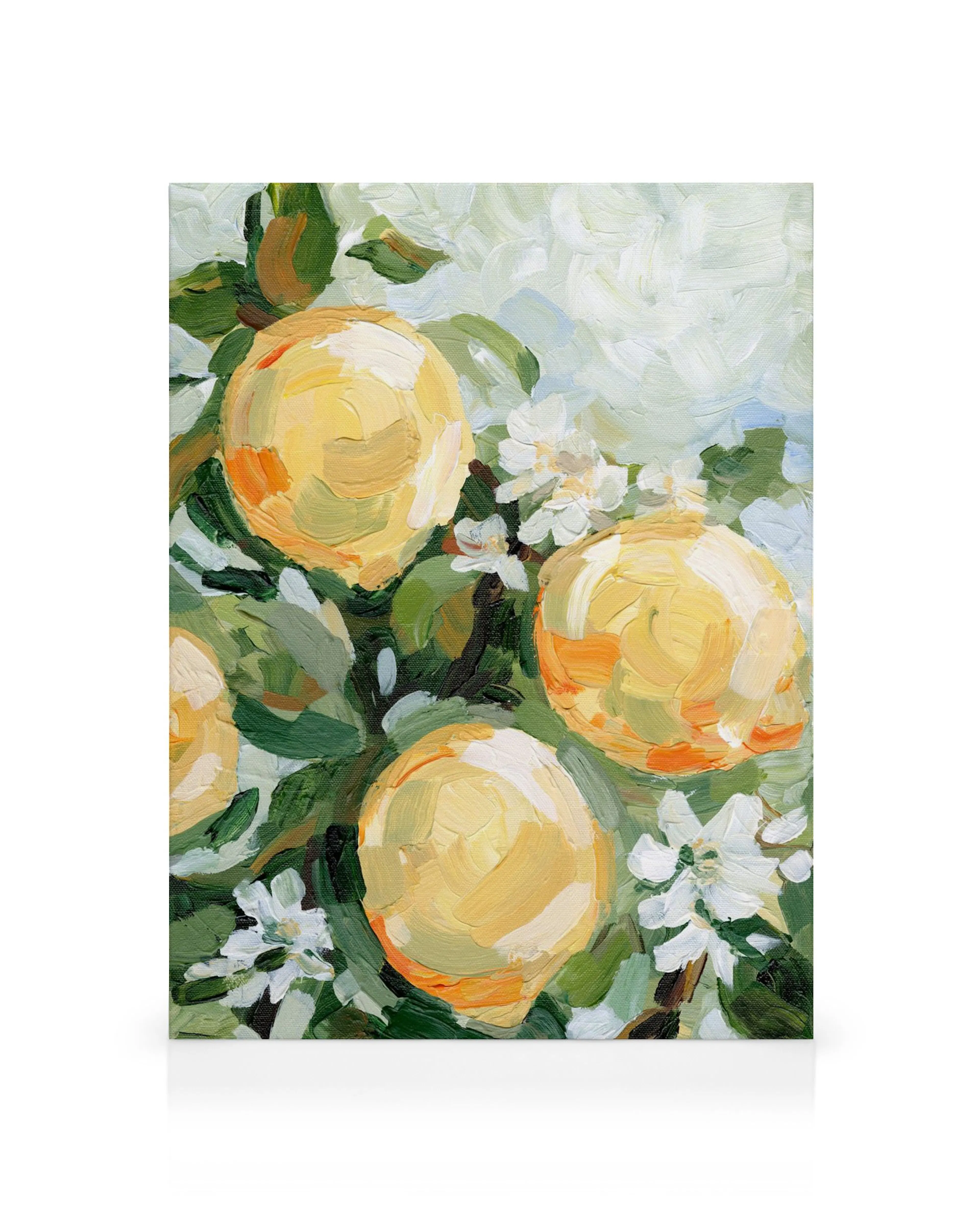 Lerretsbilde med maleri av fire gule sitroner på grønne blader, med hvite blomster i bakgrunnen.