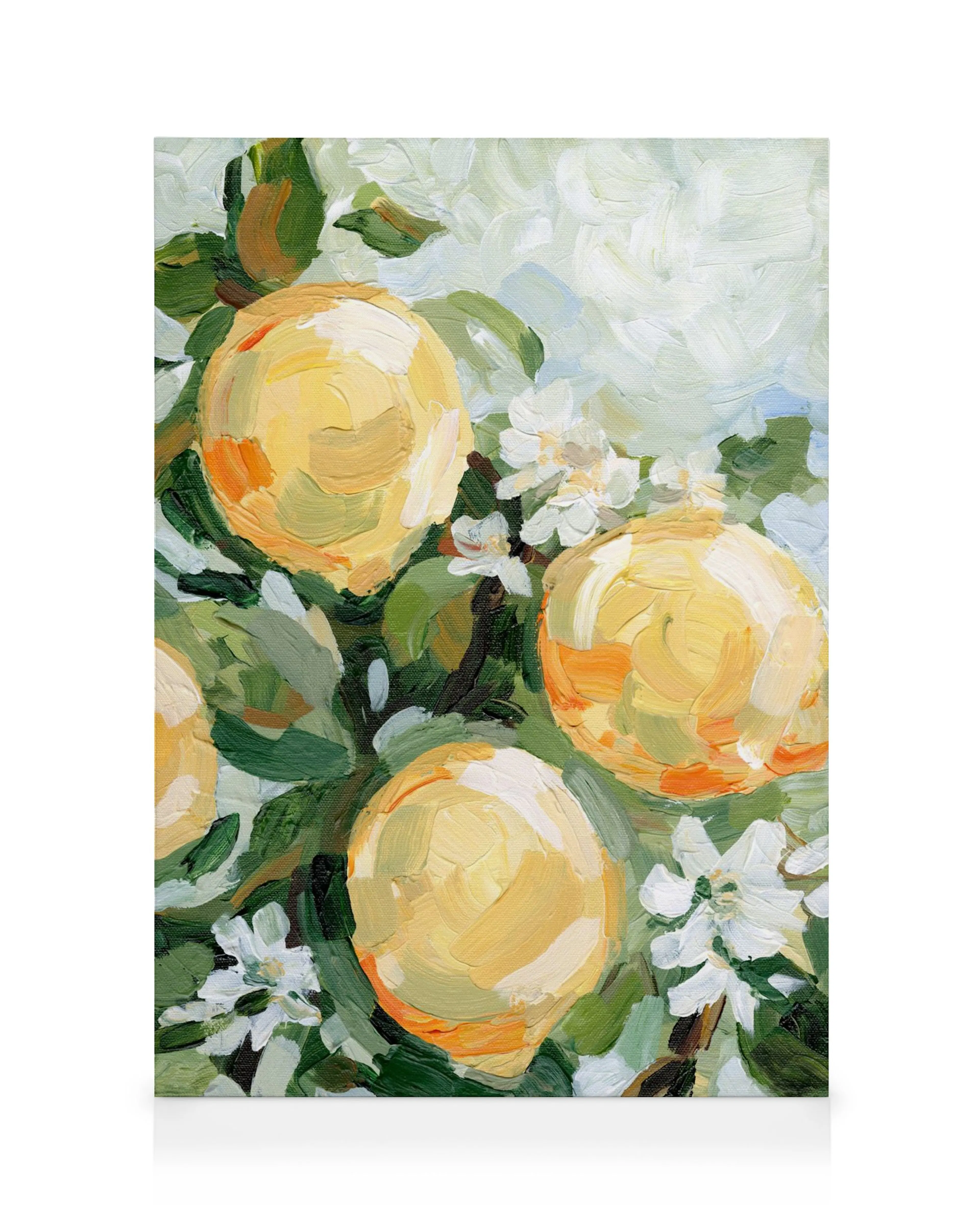 Leinwandbild mit Zitronen und weißen Blüten in einem malerischen Stil mit lebhaften Pinselstrichen.