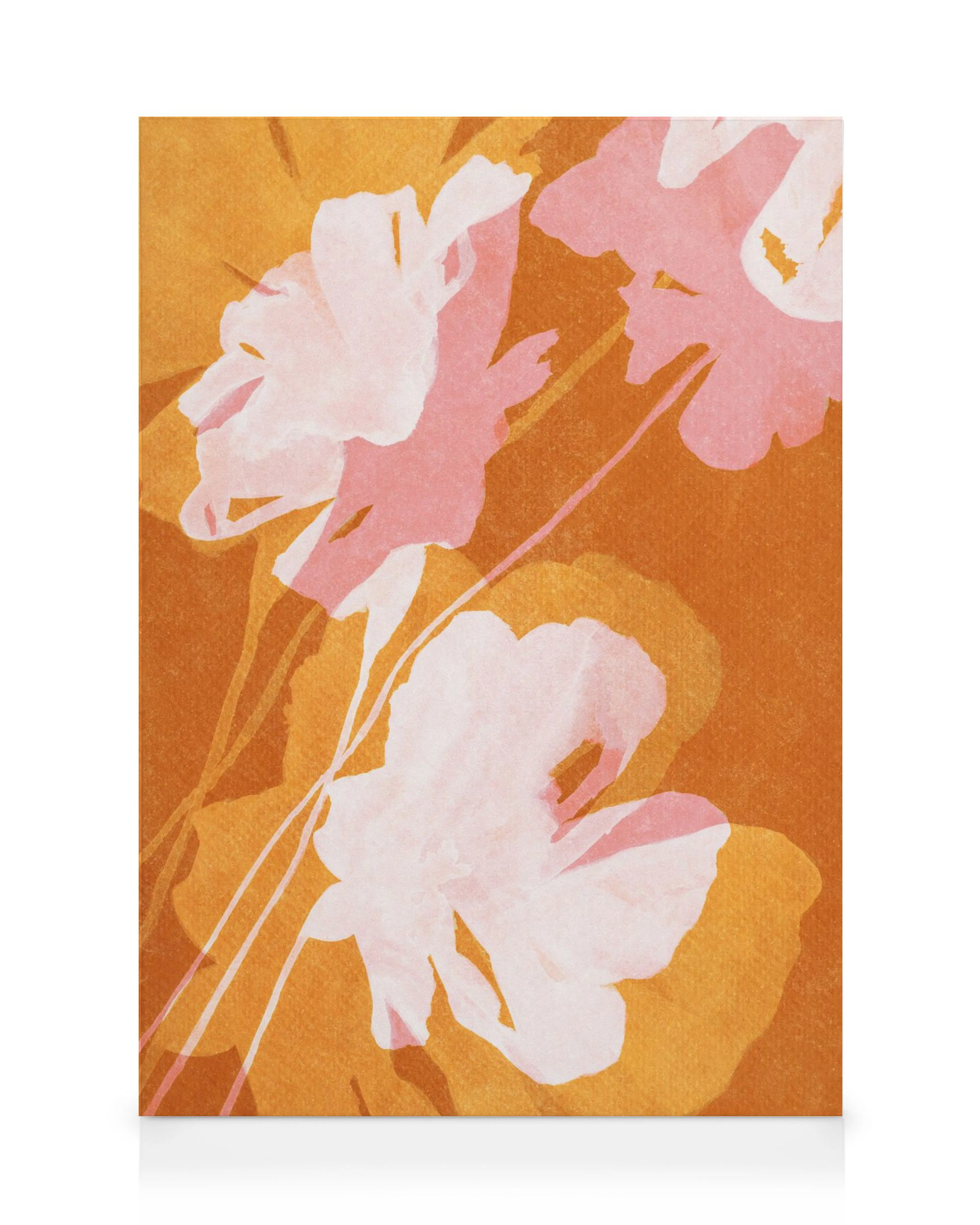 Et lærred med en illustration af lyse lyserøde og hvide blomster på en sennepsgul baggrund.