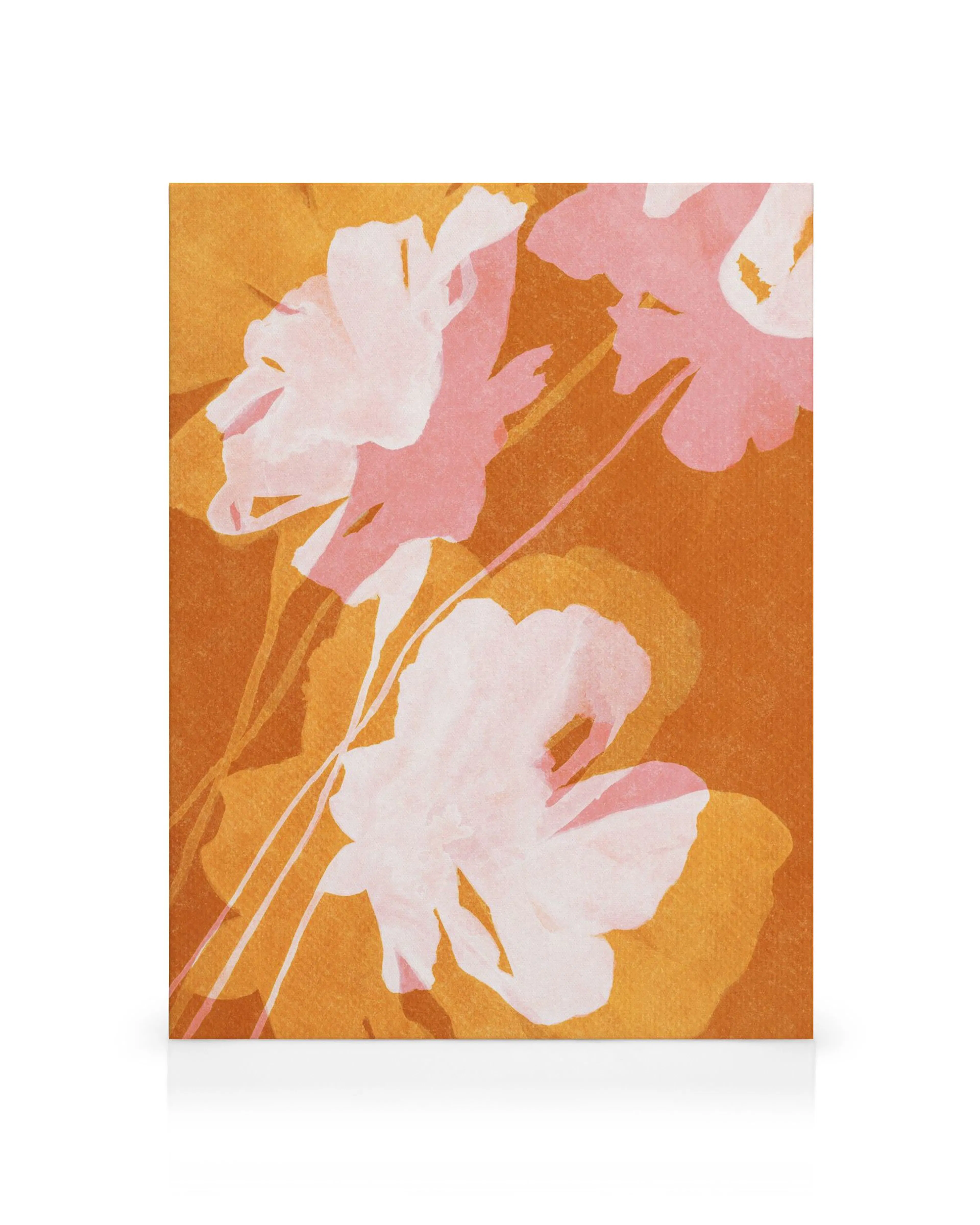 Lienzo con flores rosadas translúcidas y tallos en tonos tierra sobre un fondo naranja quemado.