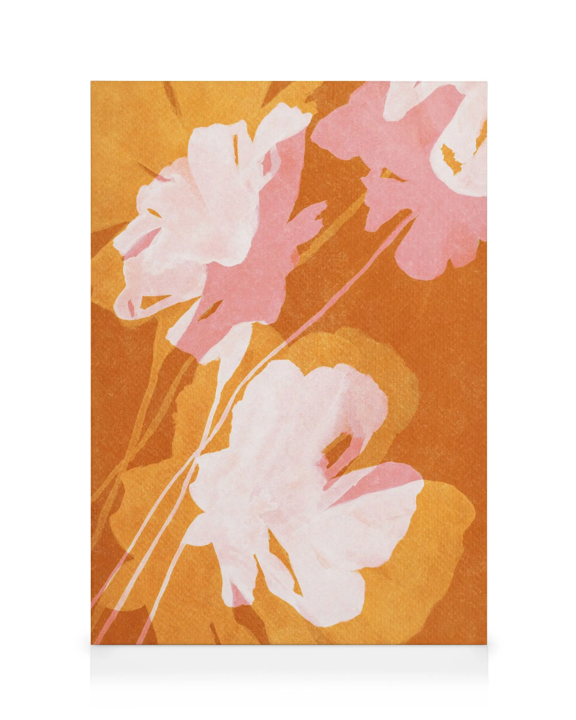 Leinwandbild mit großen, hellrosa Blüten und Blättern in Ocker- und Orangetönen auf einem warmen, dunkelorangeroten Hintergrund.