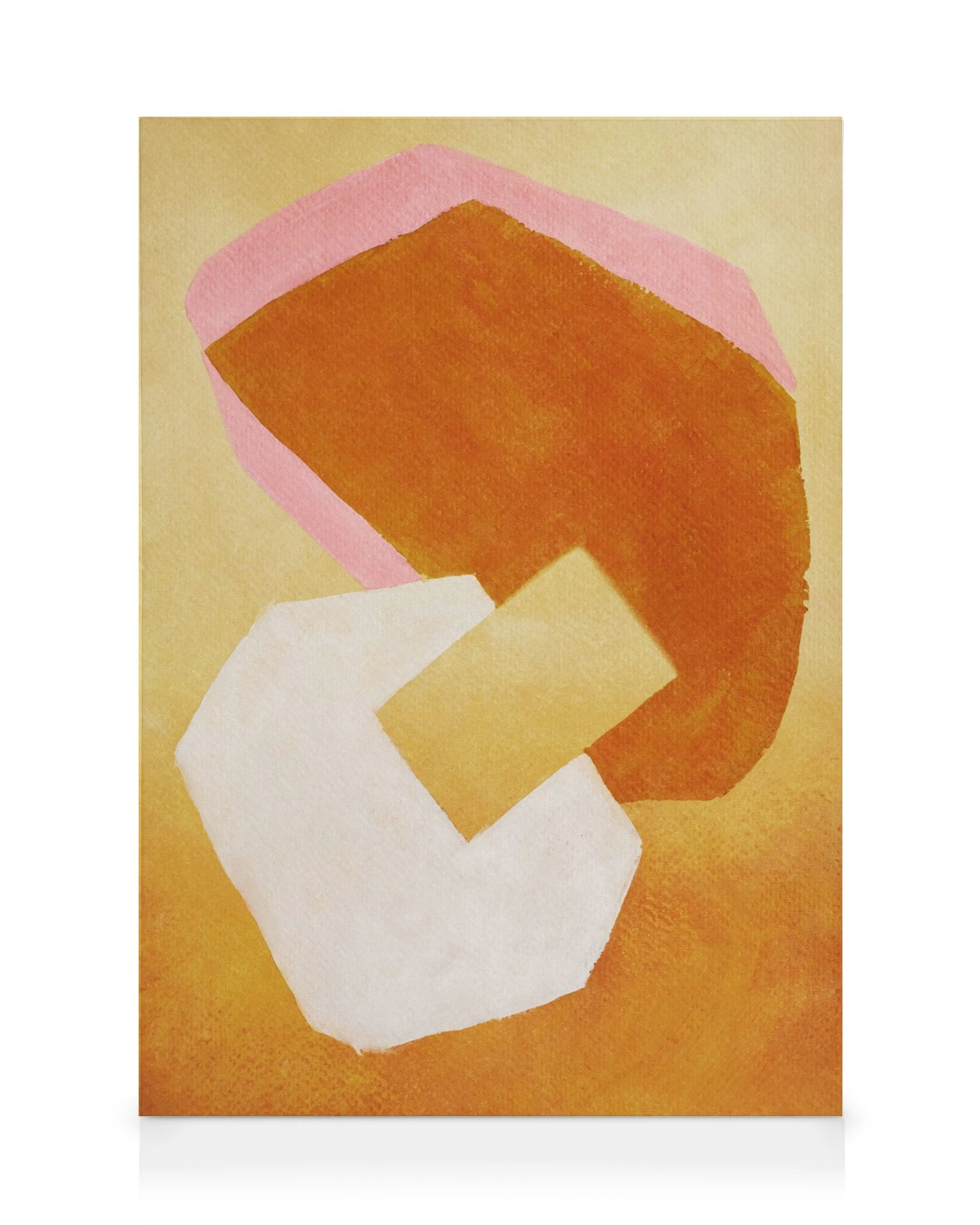 Abstract canvas met organische vormen in oranje, roze en wit op een lichtgele achtergrond.