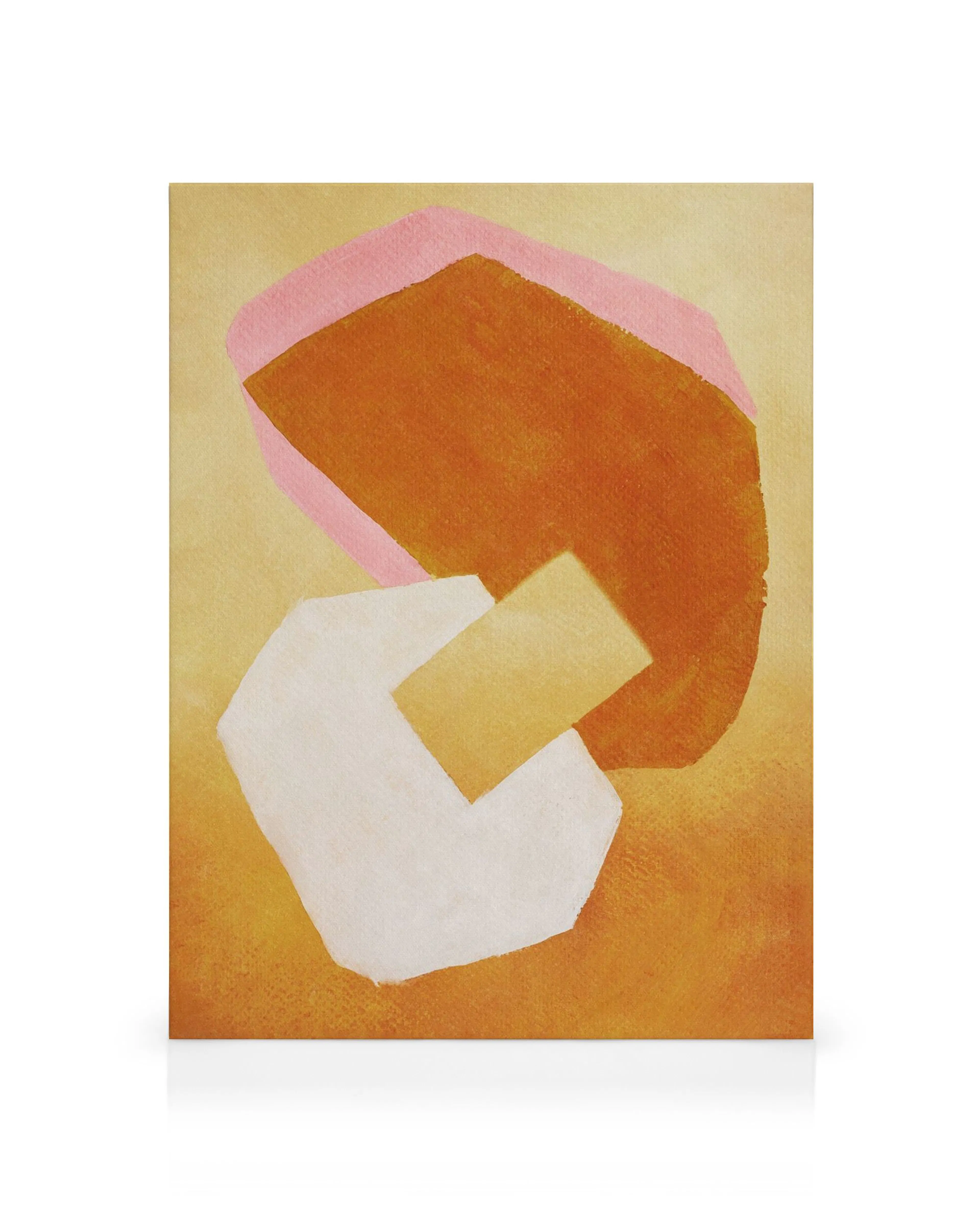 Tela decorativa com formas abstratas em tons de laranja, rosa e branco, sobre fundo amarelo-claro.