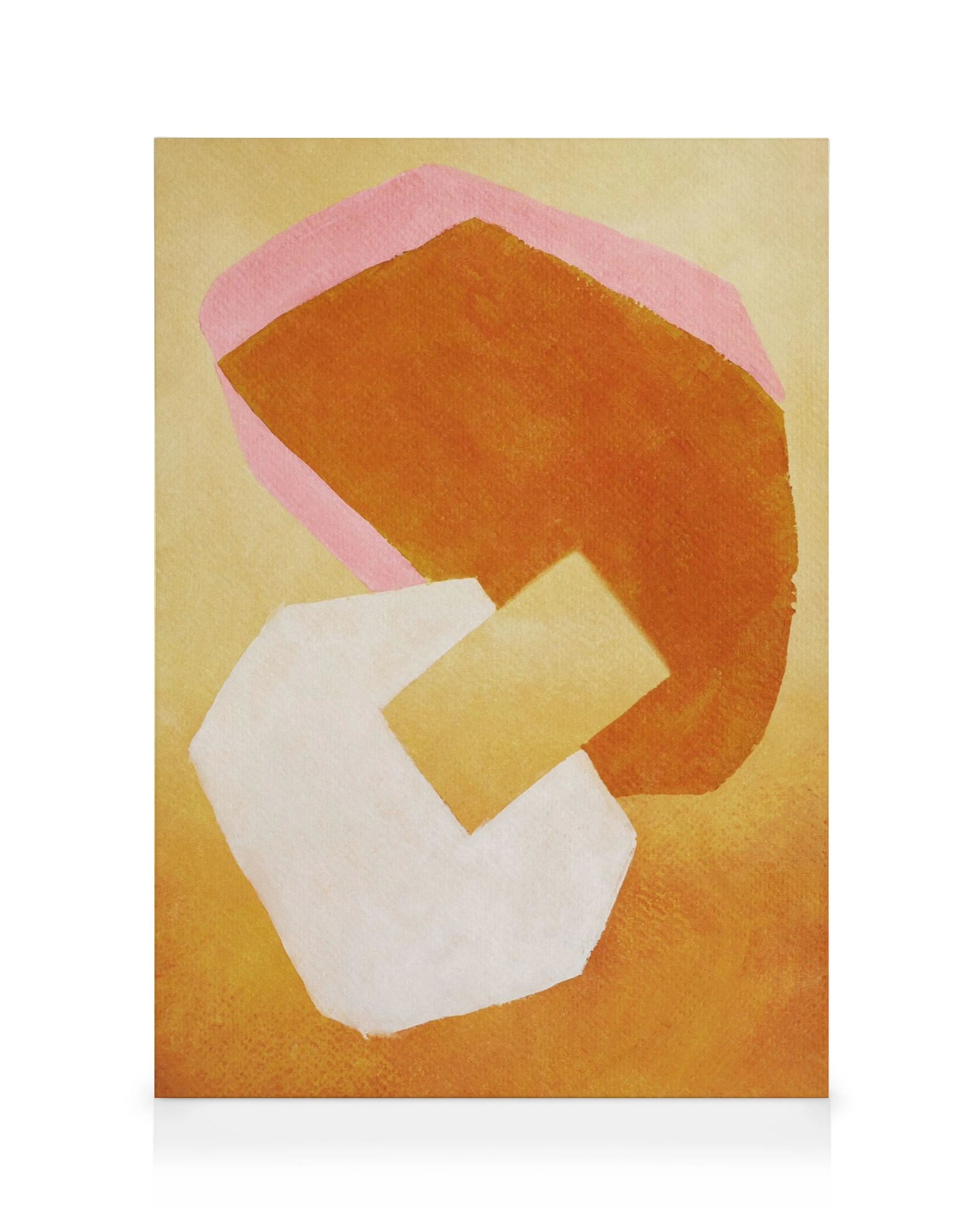 Leinwandbild mit abstrakten Formen in Ocker, Orange und Rosa auf gelbem Grund.