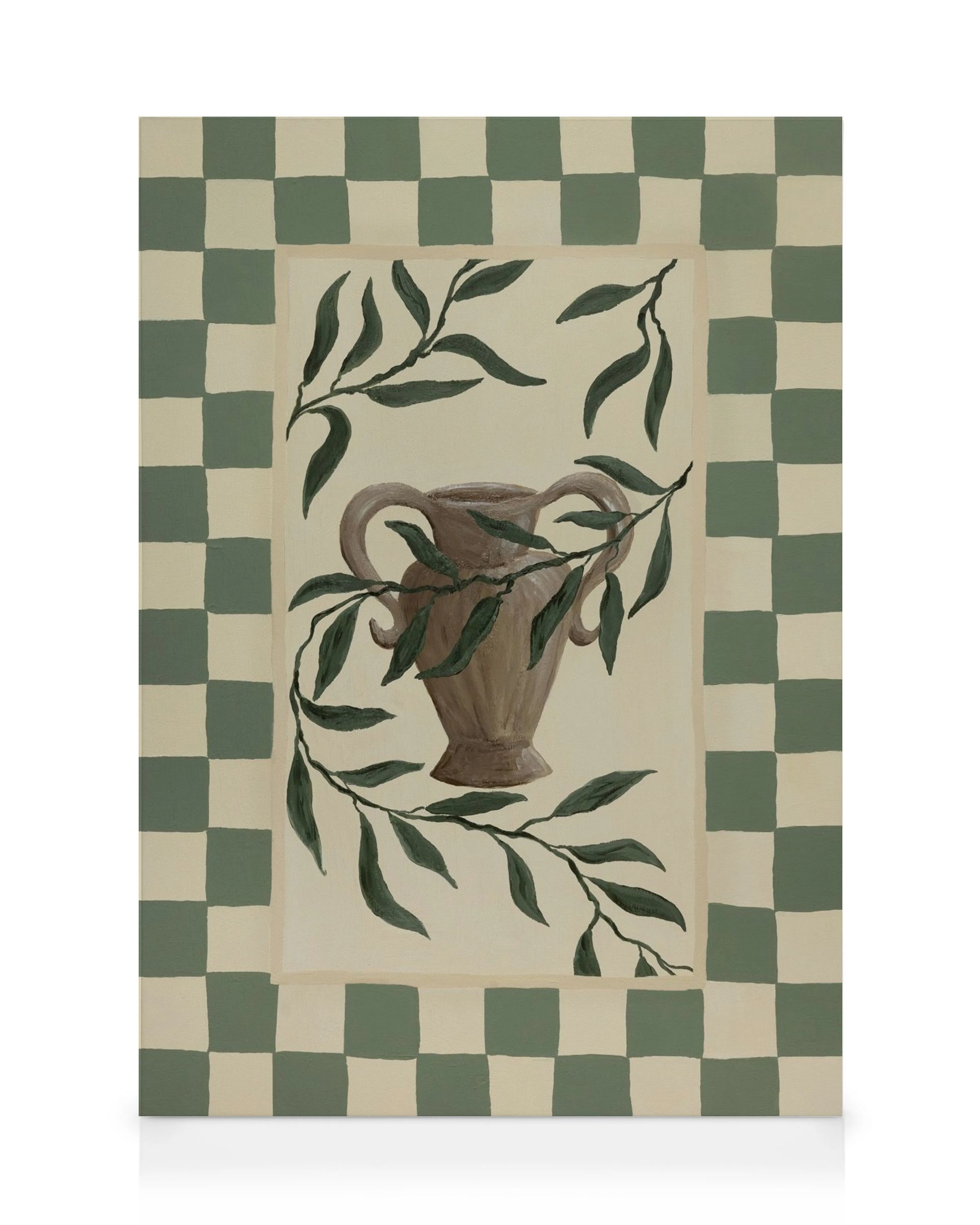 Leinwandbild mit einer braunen griechischen Vase und Olivenzweigen auf beigem Hintergrund, umgeben von einem karierten Rand in G