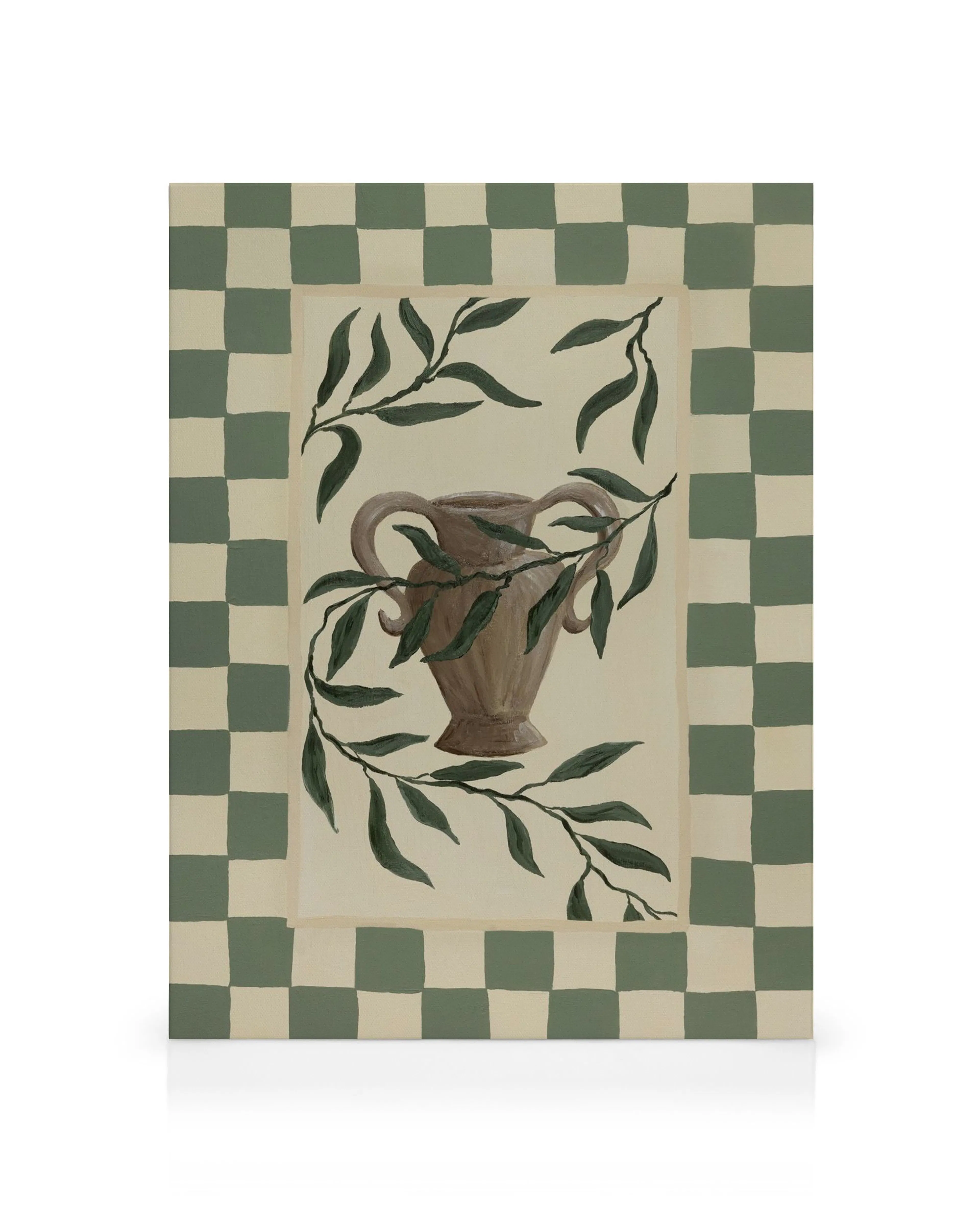 Canvas met een bruine vaas en olijftakken, omringd door een groen en beige geblokt patroon.