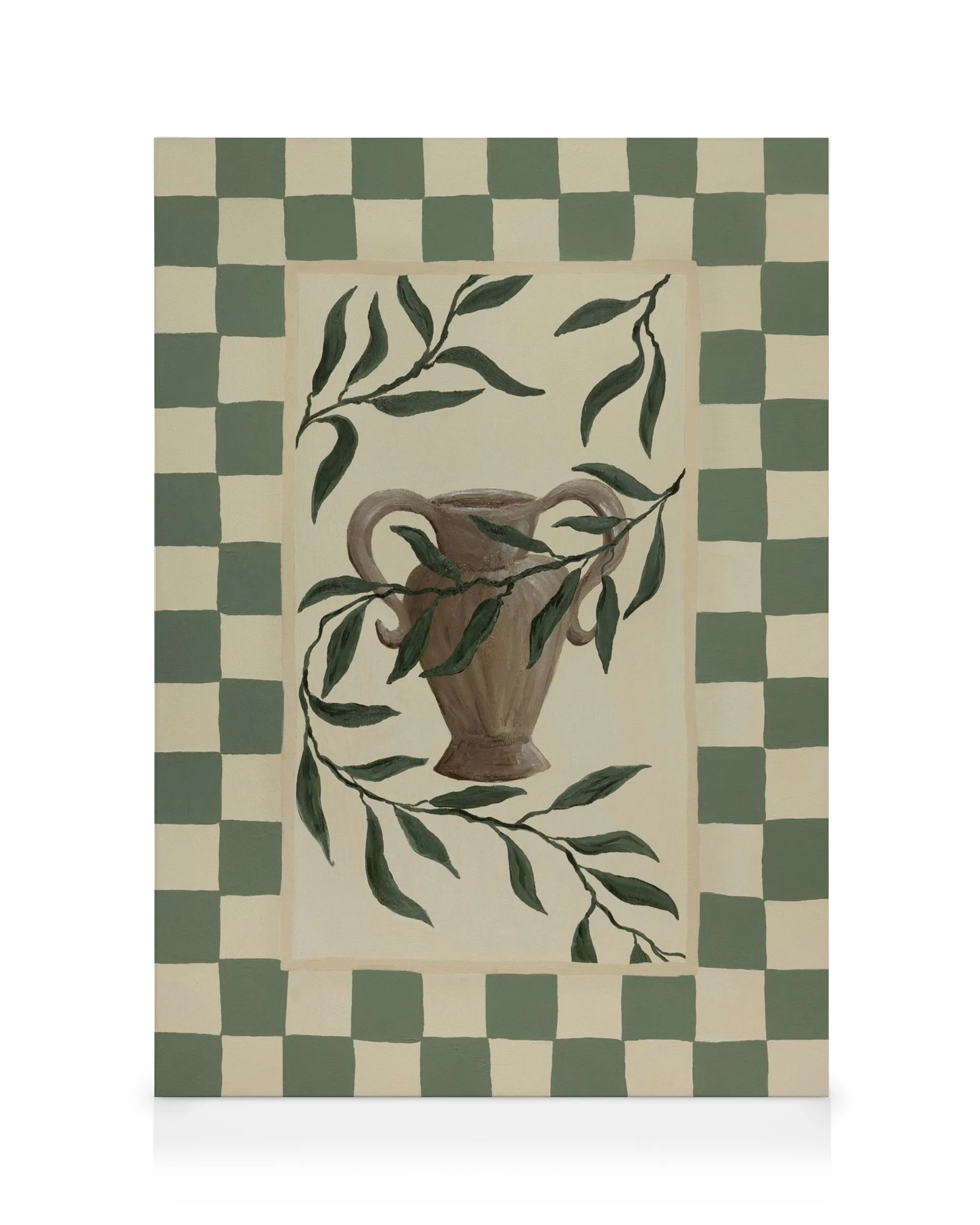 Leinwandbild mit einer braunen griechischen Vase und Olivenzweigen auf beigem Hintergrund, umgeben von einem karierten Rand in G