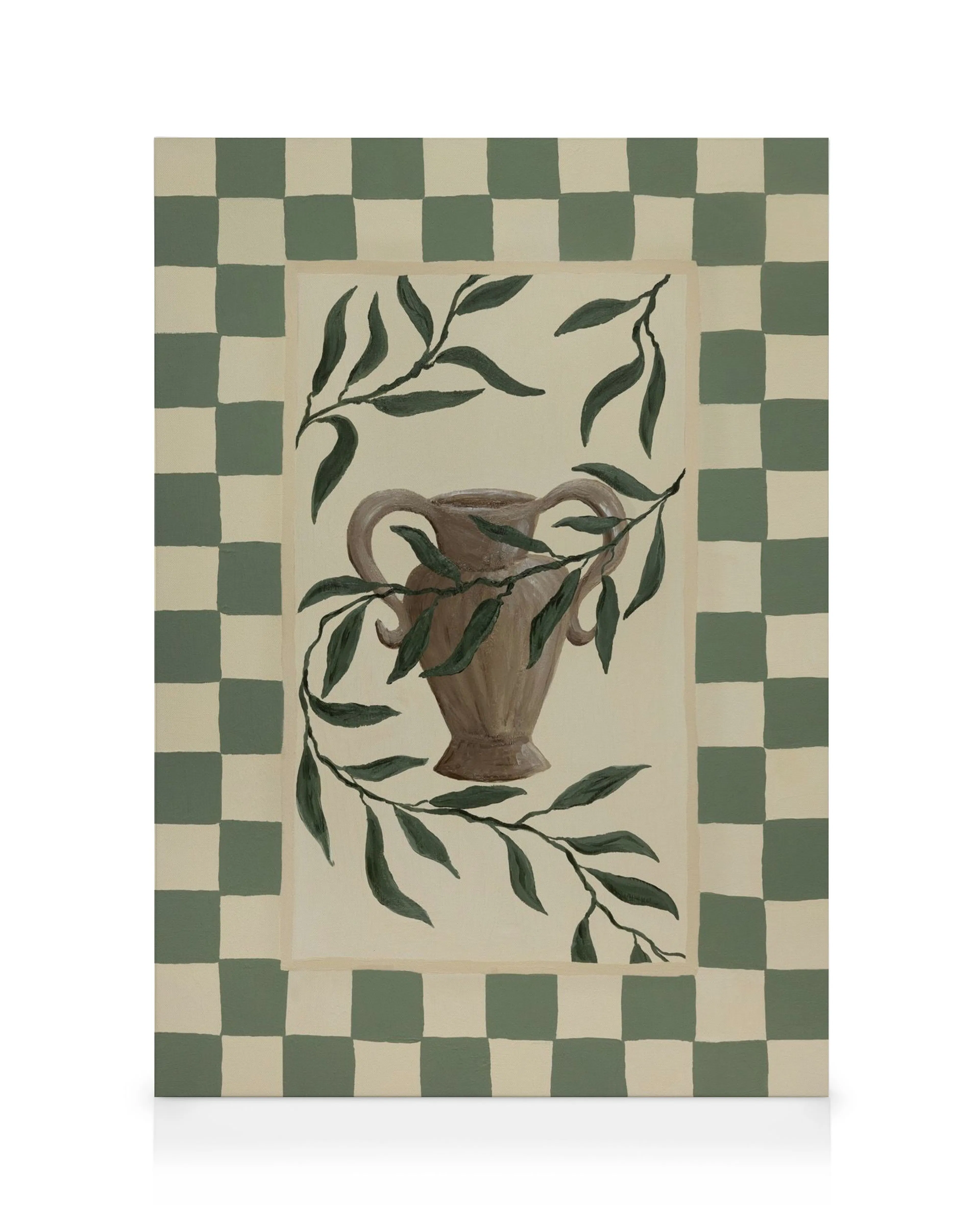 Leinwandbild mit einer braunen griechischen Vase und Olivenzweigen auf beigem Hintergrund, umgeben von einem karierten Rand in G