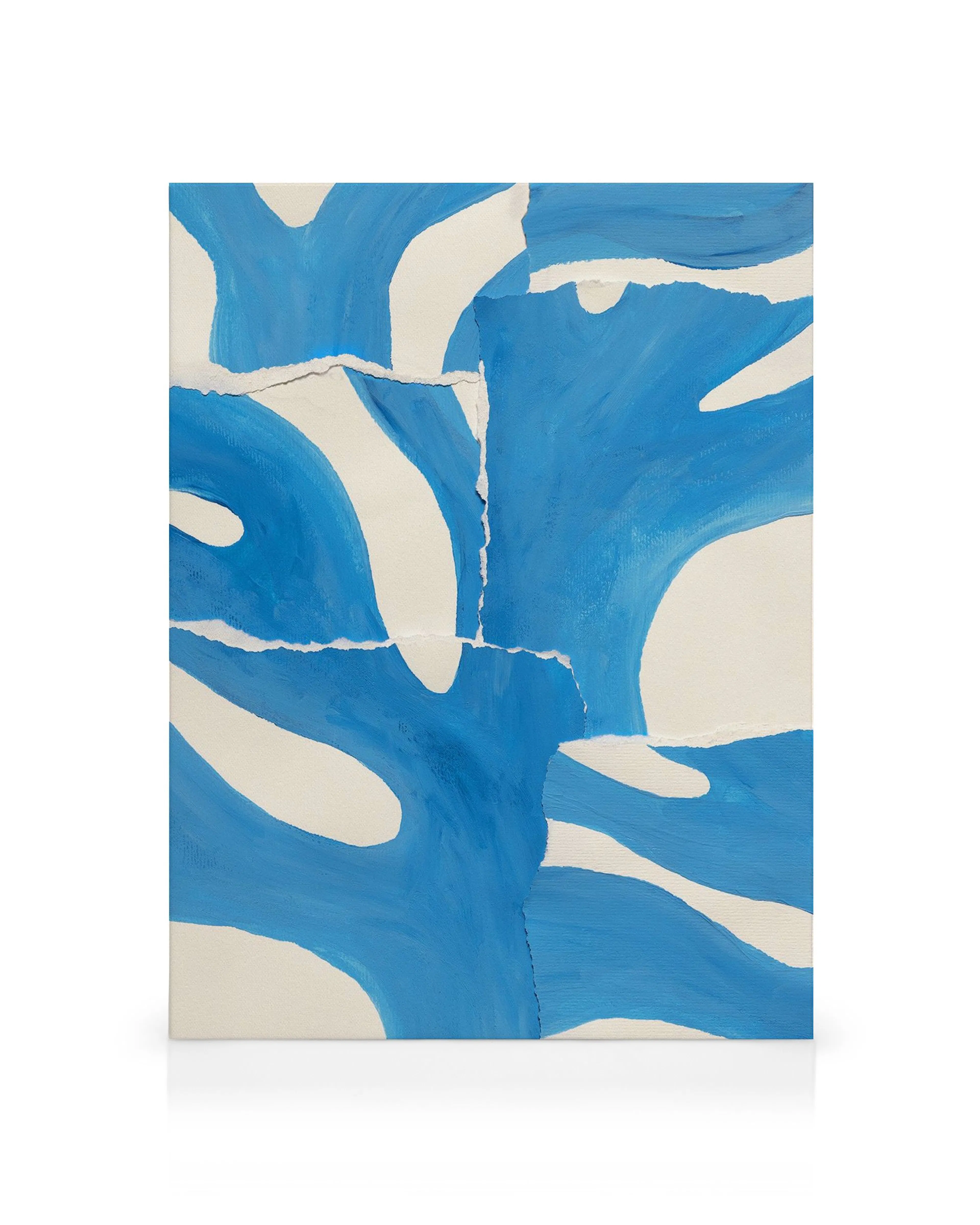 A canvas print featuring blue wavy shapes with ripped white paper details on a cream background.