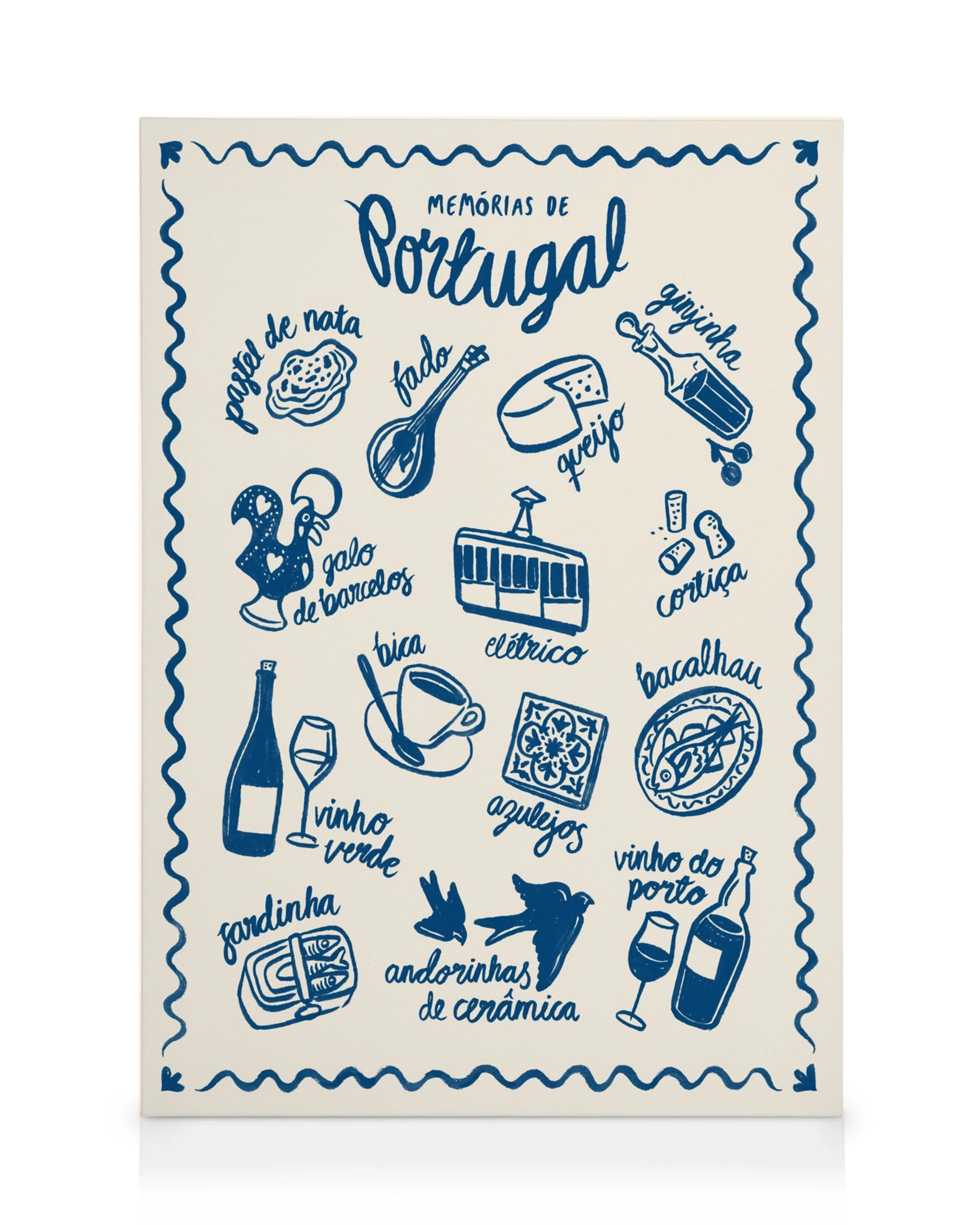 Tela decorativa com ilustrações azuis de ícones culturais portugueses como pastel de nata, fado, galo de Barcelos e vinho.