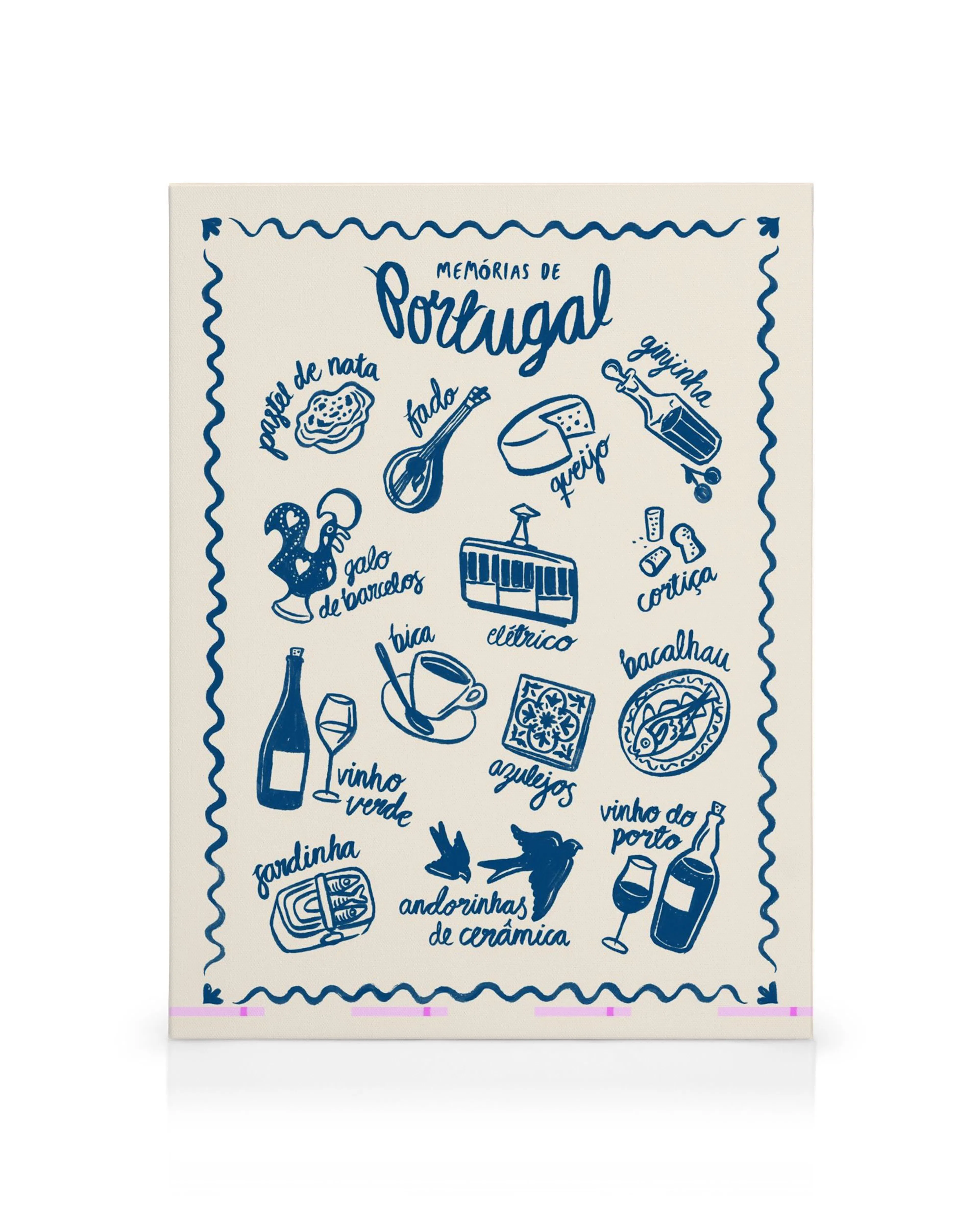Kanvaasi, jossa on laaja kuvitus Portugalin kulttuurista ja perinteistä, kuten viini, fado-soitin ja azulejo-laatat.