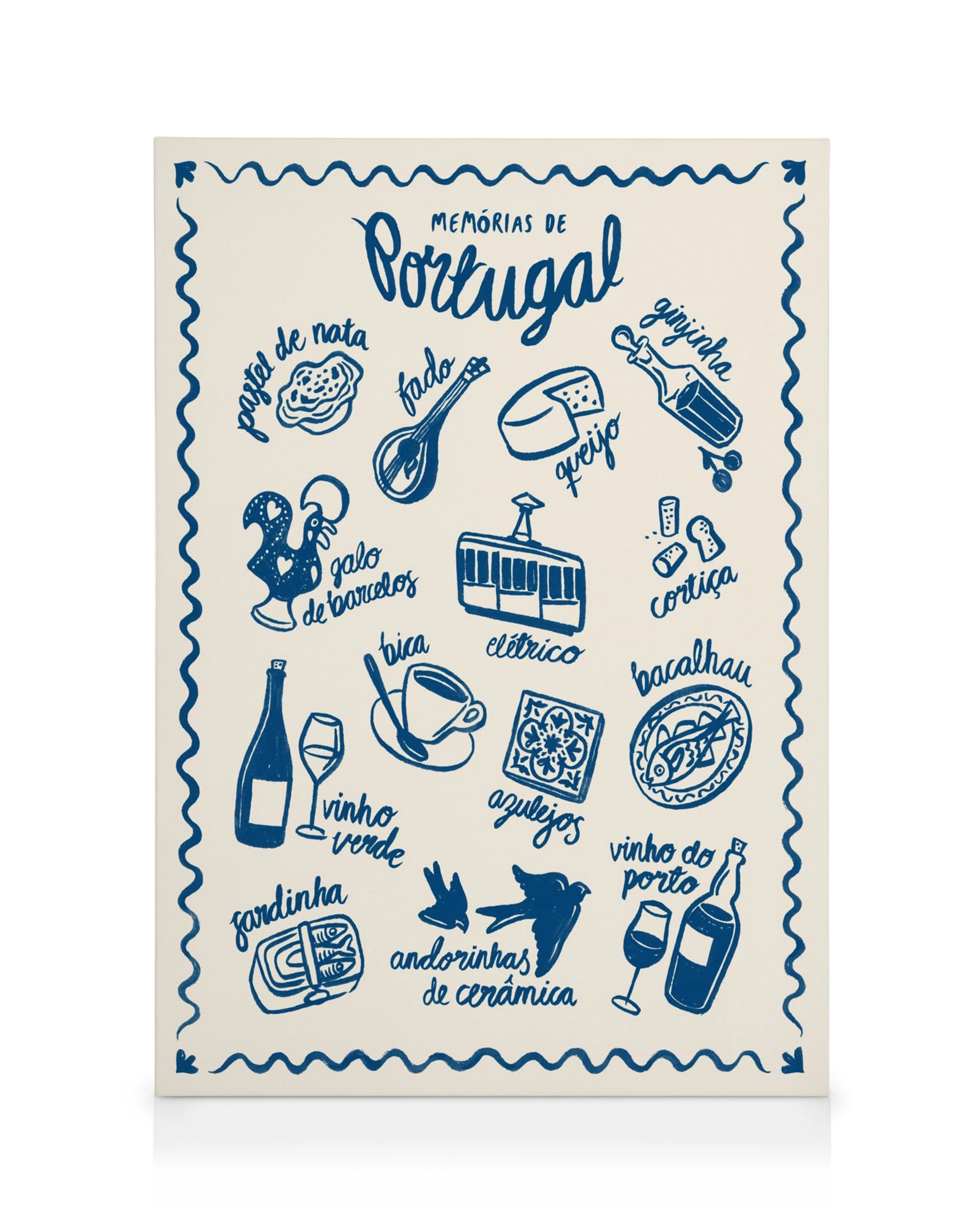 Leinwandbild mit handgezeichneten blauen Illustrationen portugiesischer Symbole und Delikatessen auf hellem Hintergrund.