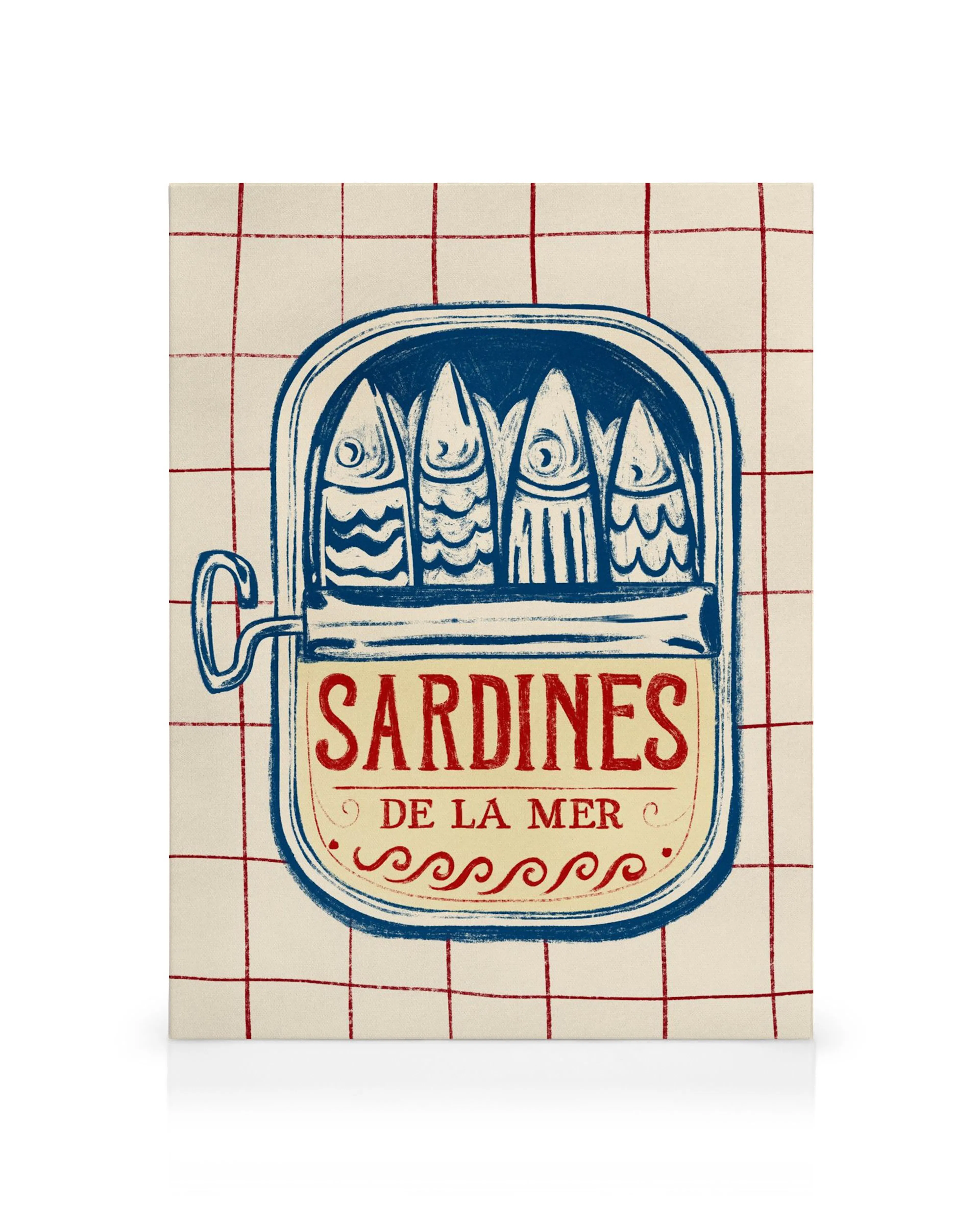 Lienzo con ilustración de una lata de sardinas azules sobre fondo de cuadros rojos estilo picnic.
