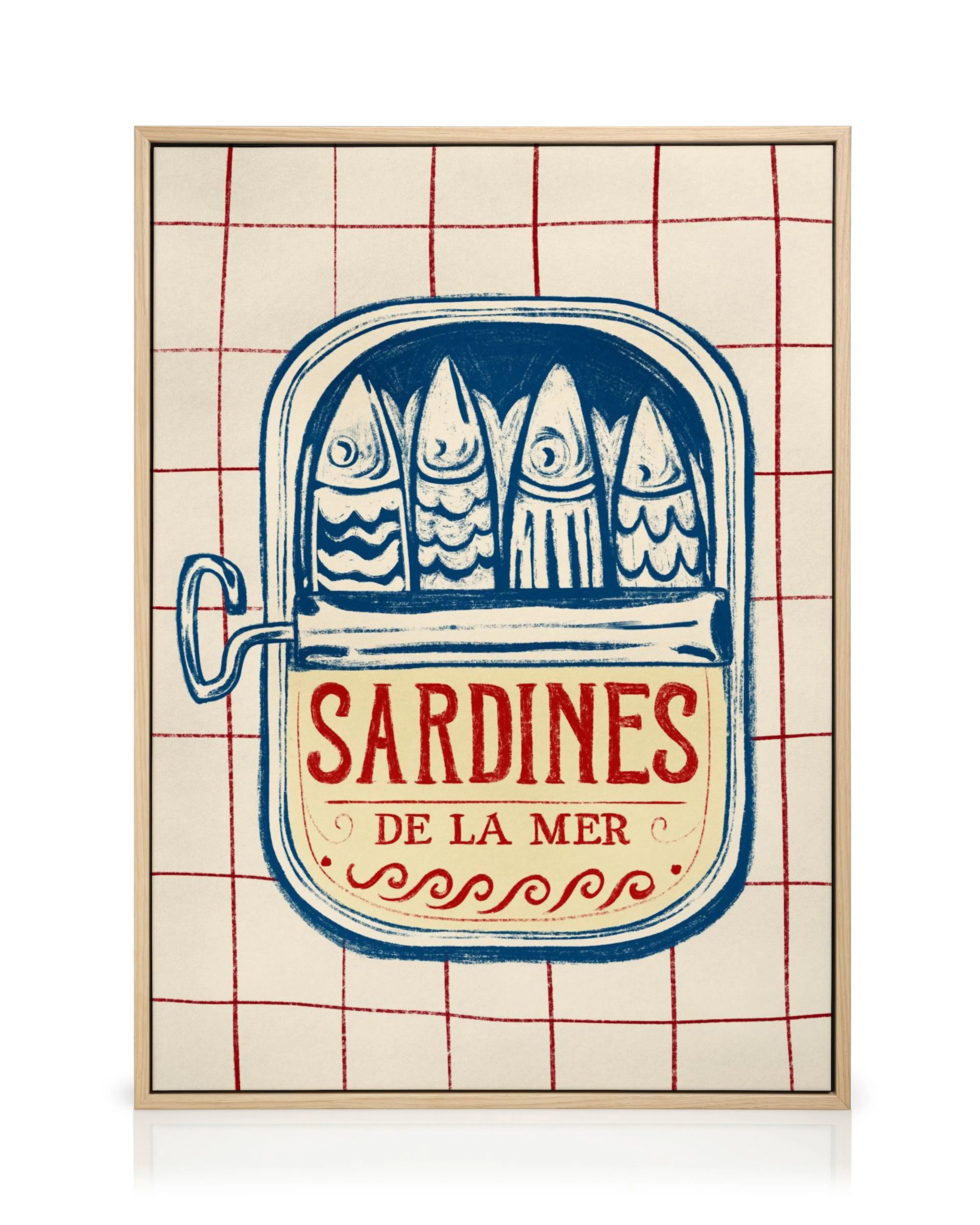 En canvastavla med en illustration av en sardinburk med fyra fiskar och texten SARDINES DE LA MER på rutigt mönster.