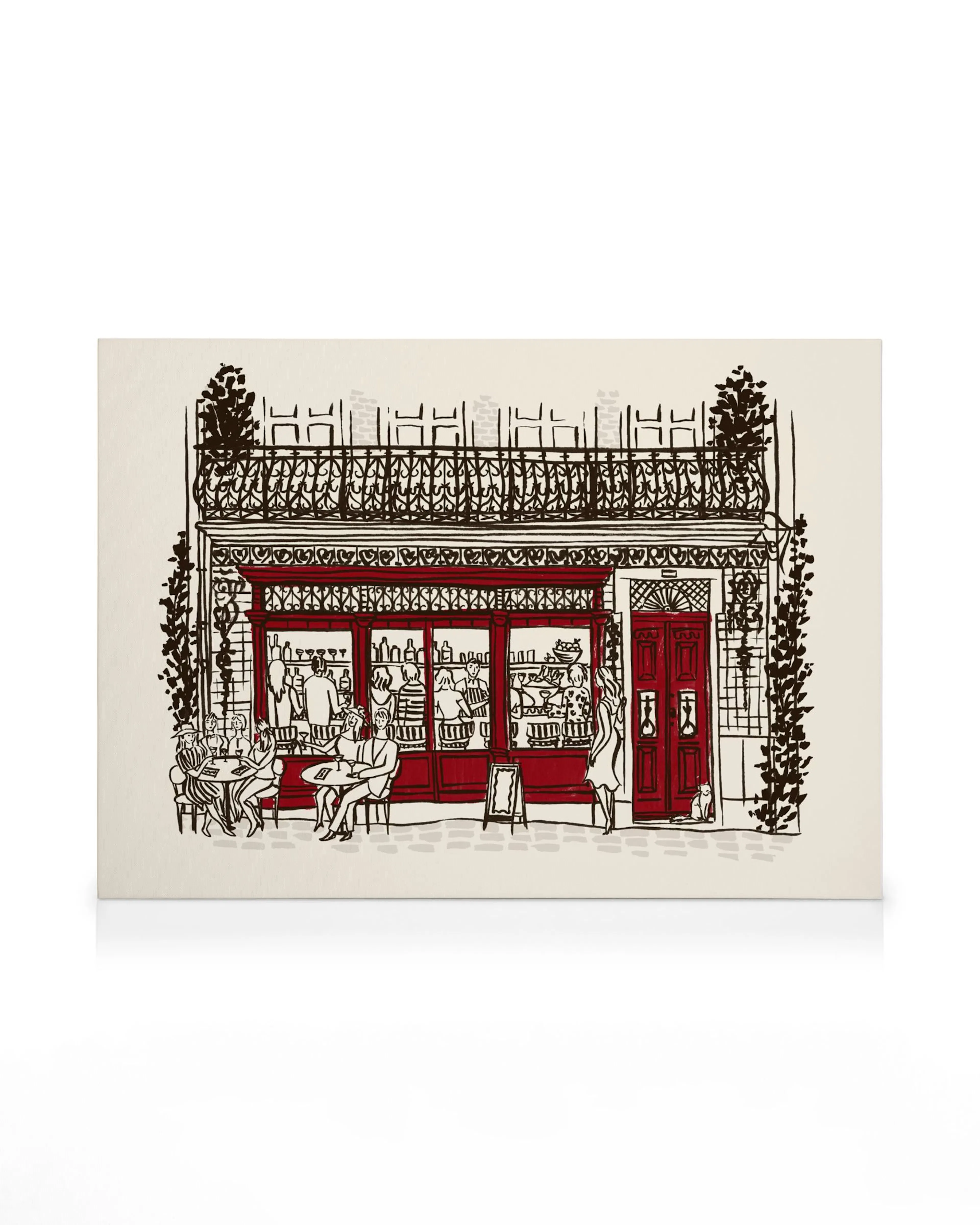 Ein Leinwandbild mit einer minimalistischen Skizze eines belebten roten Café in Paris, mit Menschen und einem Balkon.