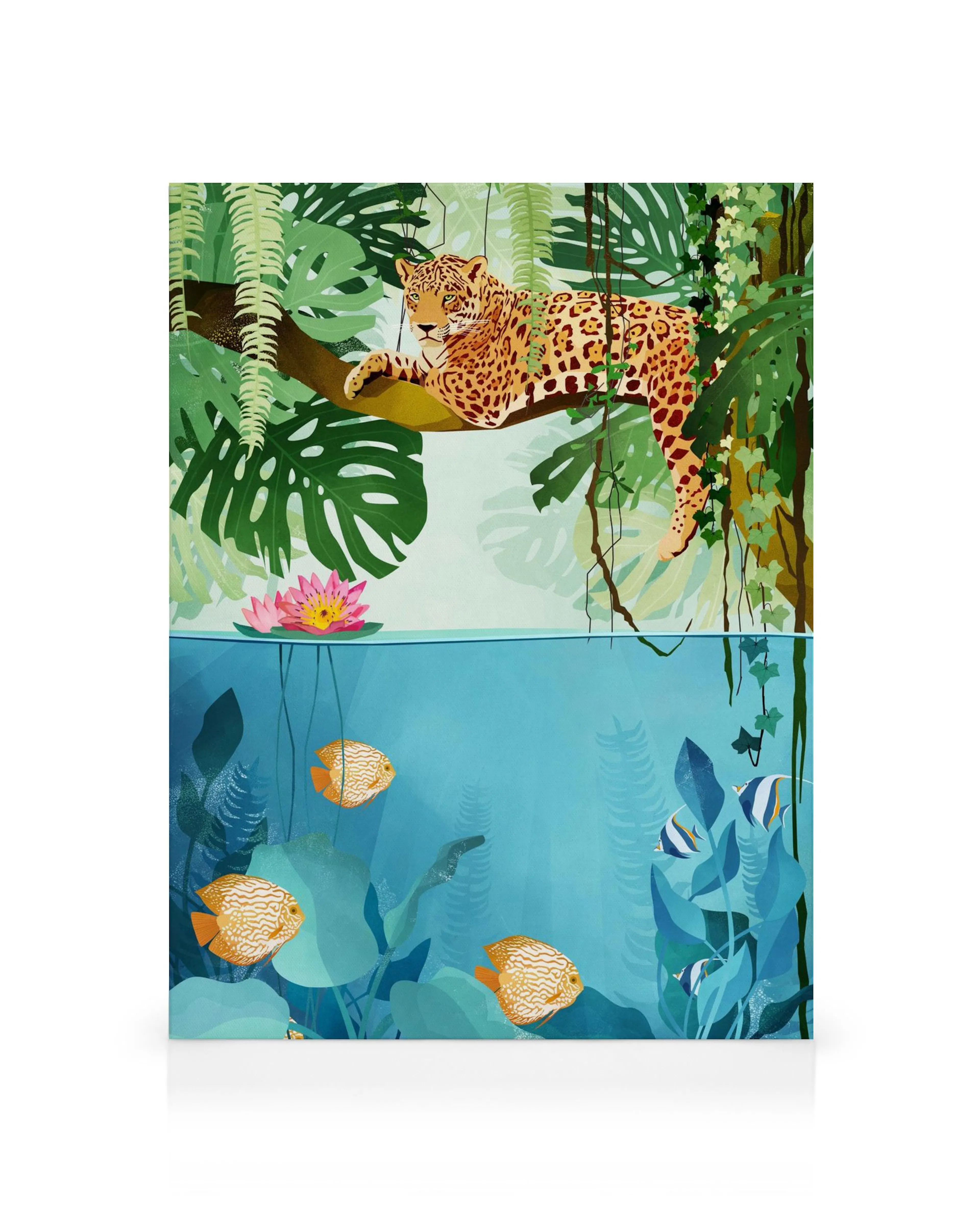 Canvas met luipaard op boomtak boven water, met tropische vissen en planten onder water.