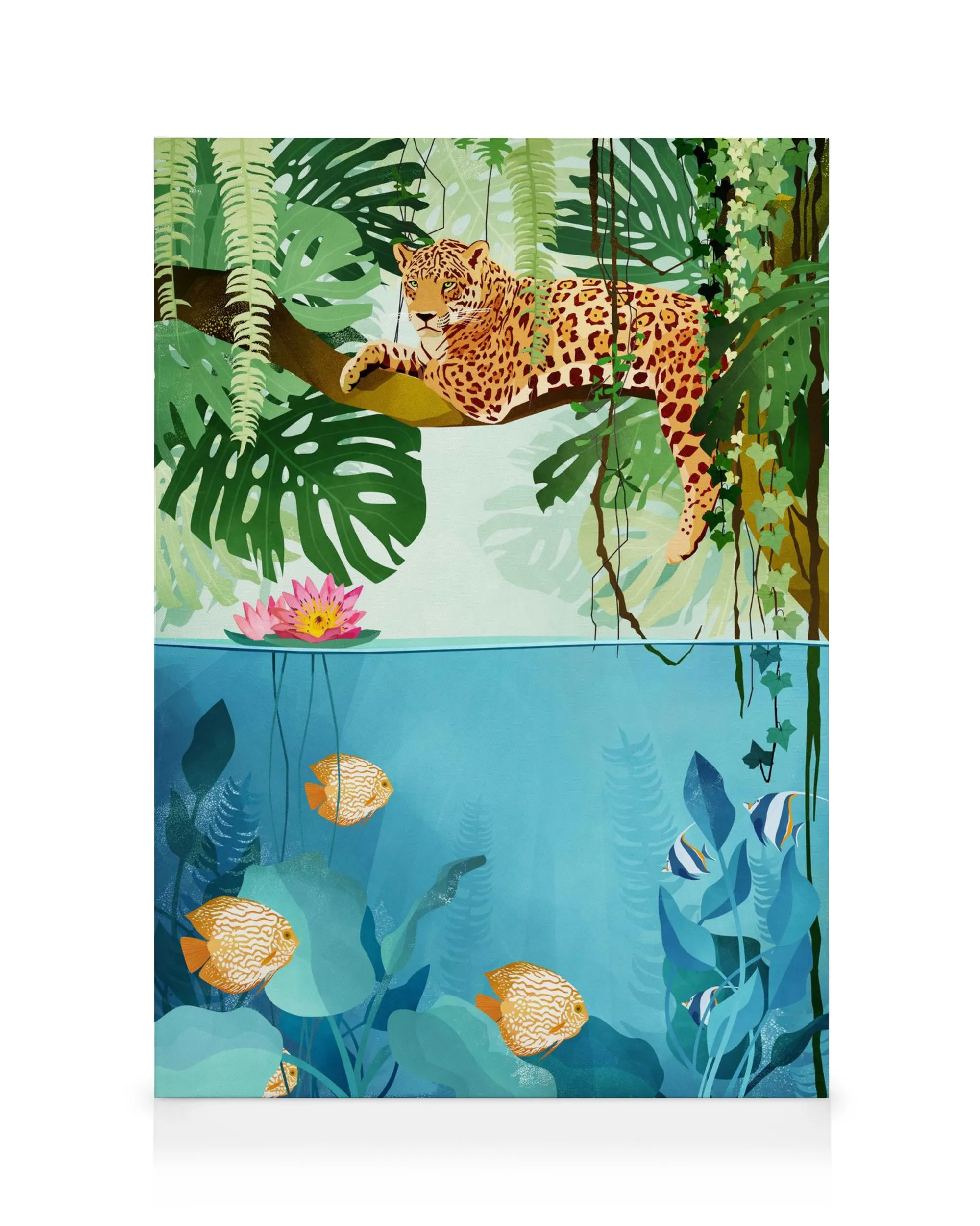 Lærred med leopard i jungle over akvarium med fisk, vandlilje og grønne planter. Jungle dyreliv kunst.