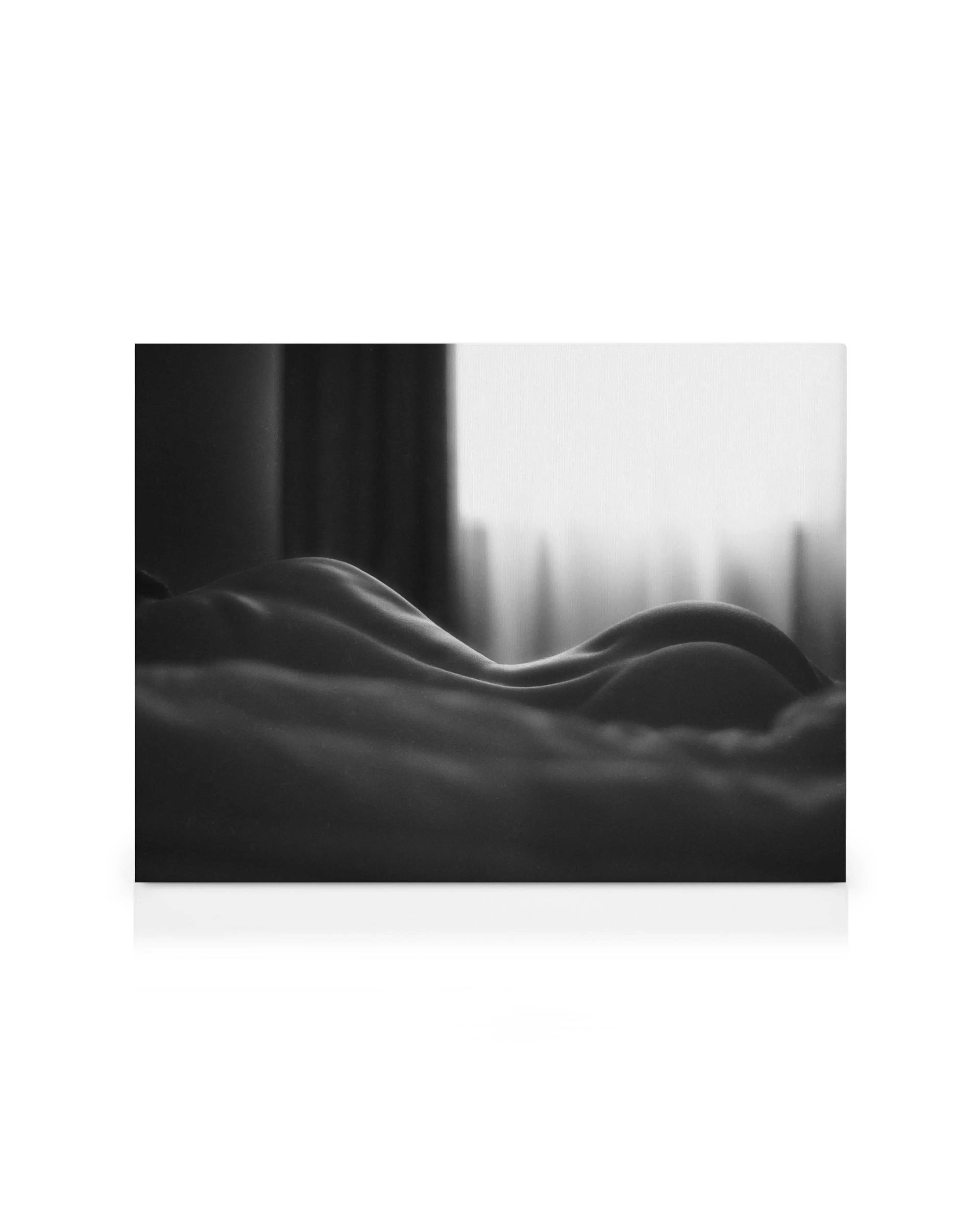 Black and white canvas print showing wavy shapes resembling hills against a blurry fabric-like background. Morning Moment.