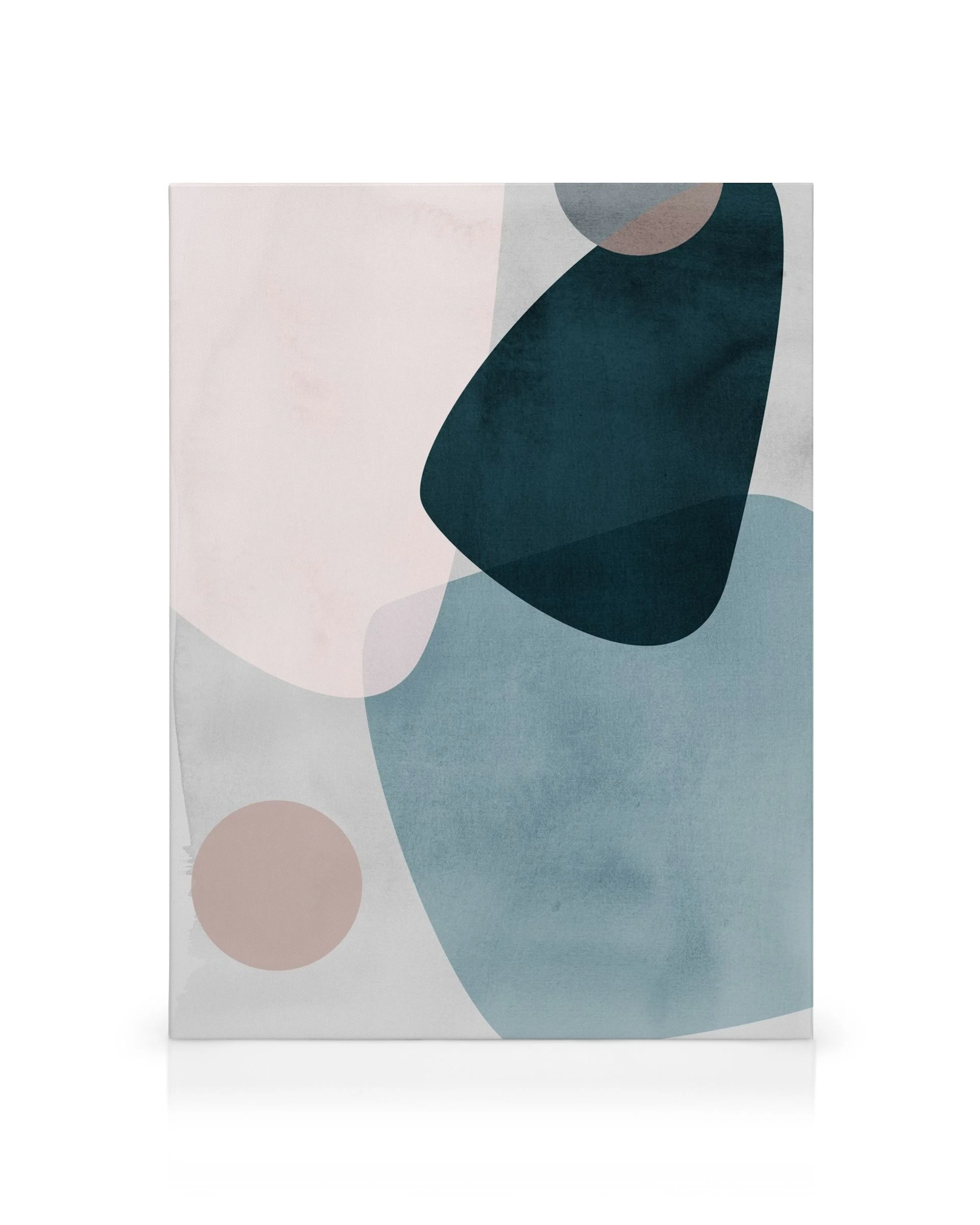 Abstract canvas with overlapping pastel shapes, including teal, light blue, pink, and grey, creating a modern graphic art piece.