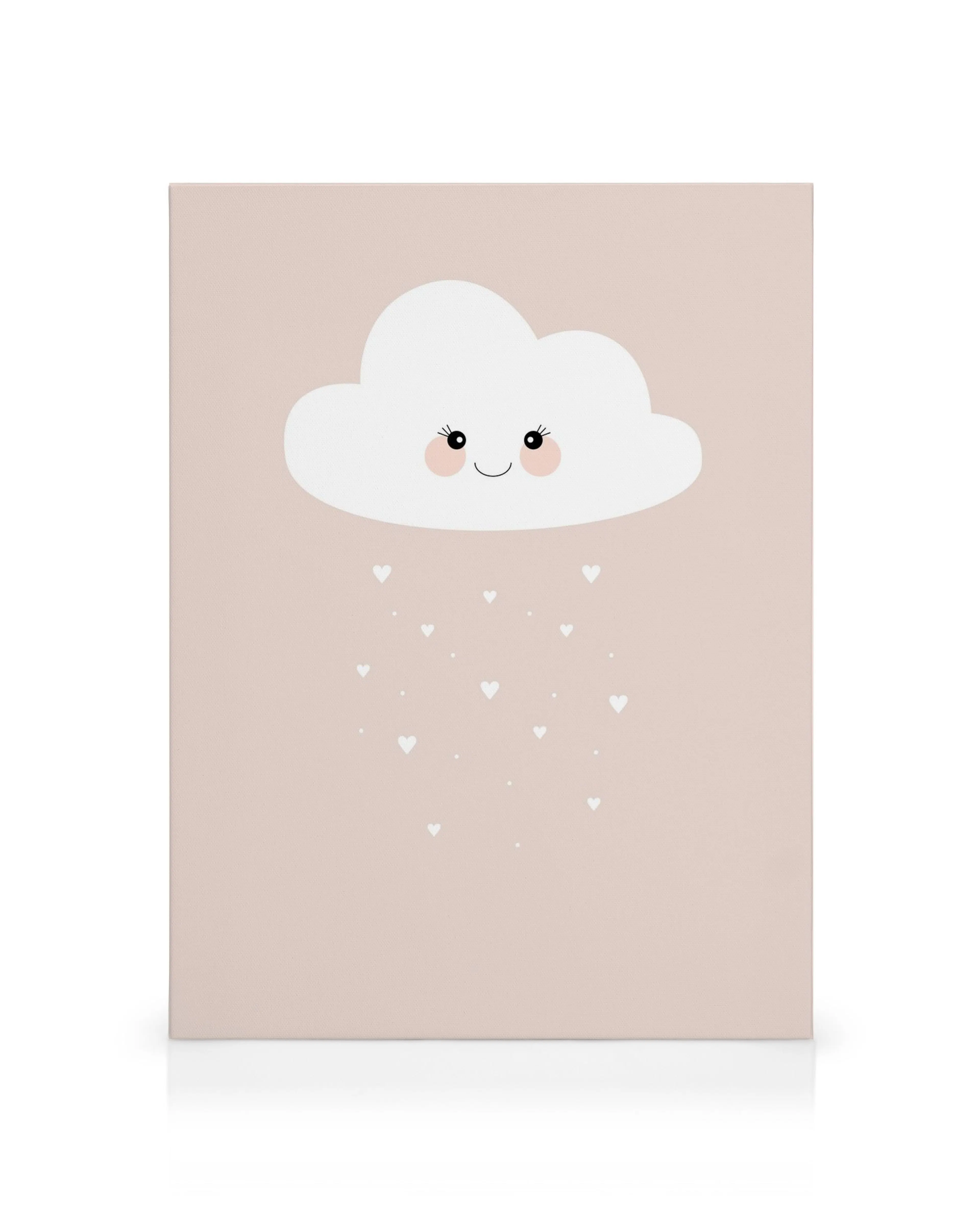 Cloud Pink canvas print with a smiling white cartoon cloud raining hearts on a light brown background.