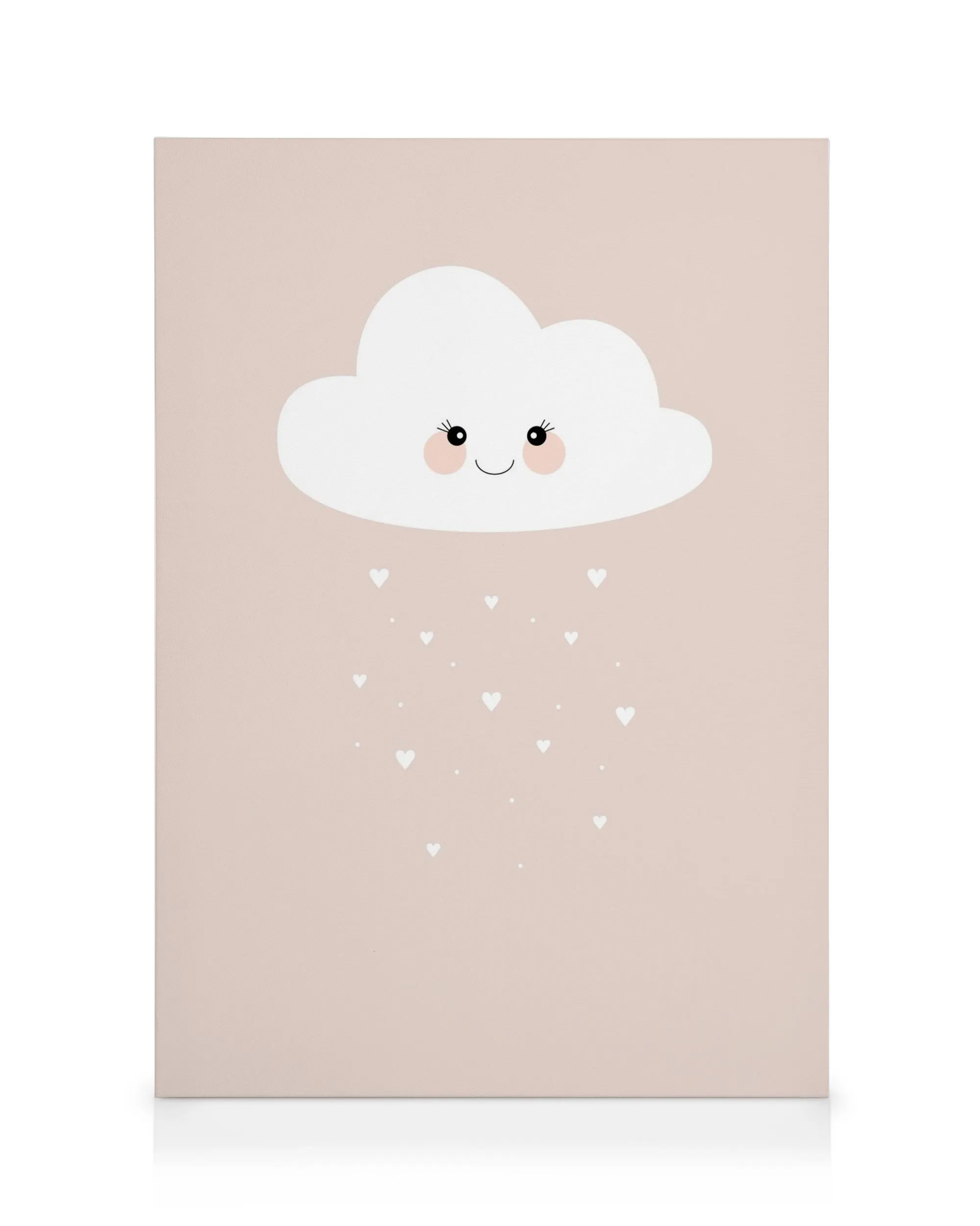 Toile rose bonbon avec un nuage souriant et des cœurs blancs, typographie douce.