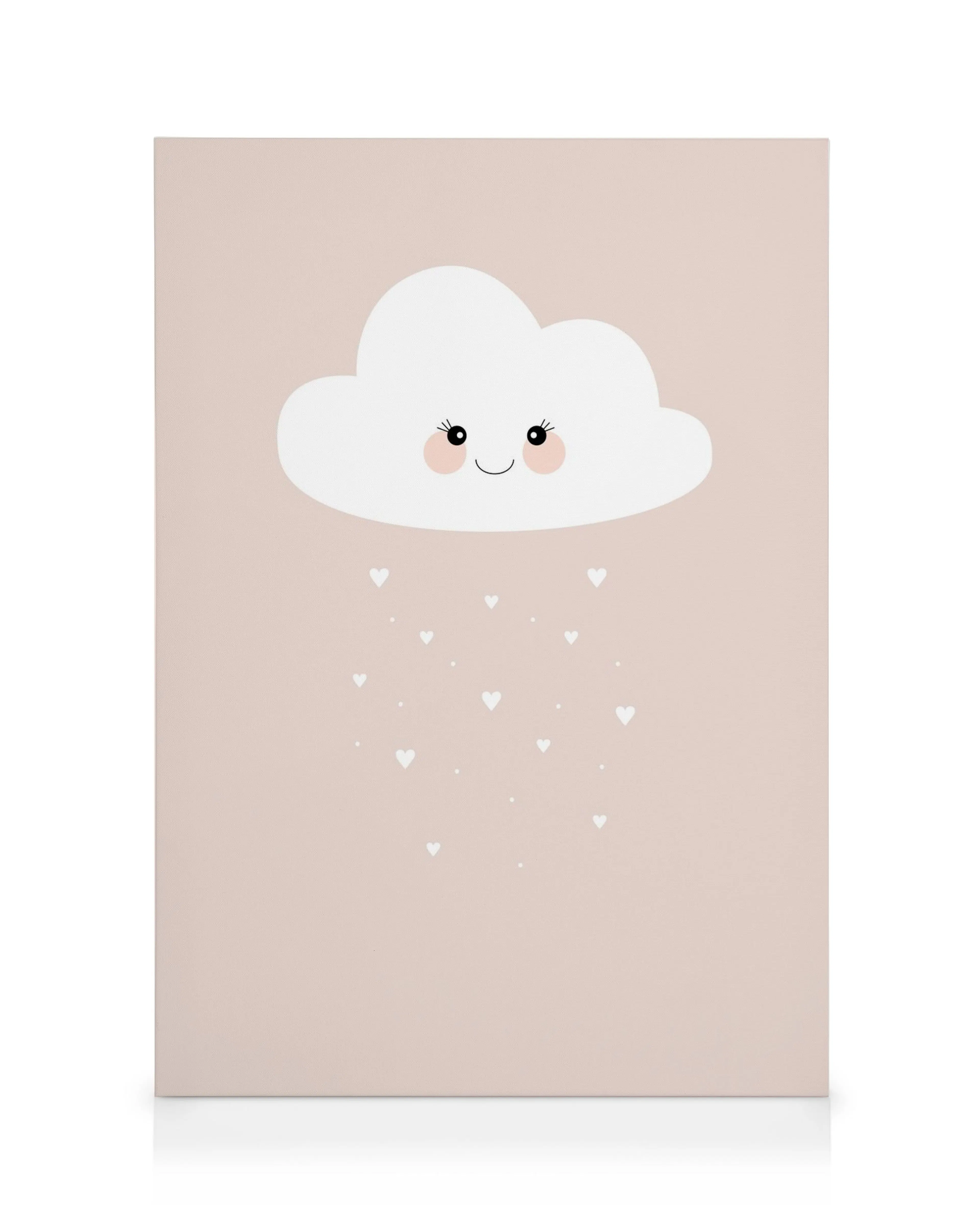 Toile rose bonbon avec un nuage souriant et des cœurs blancs, typographie douce.