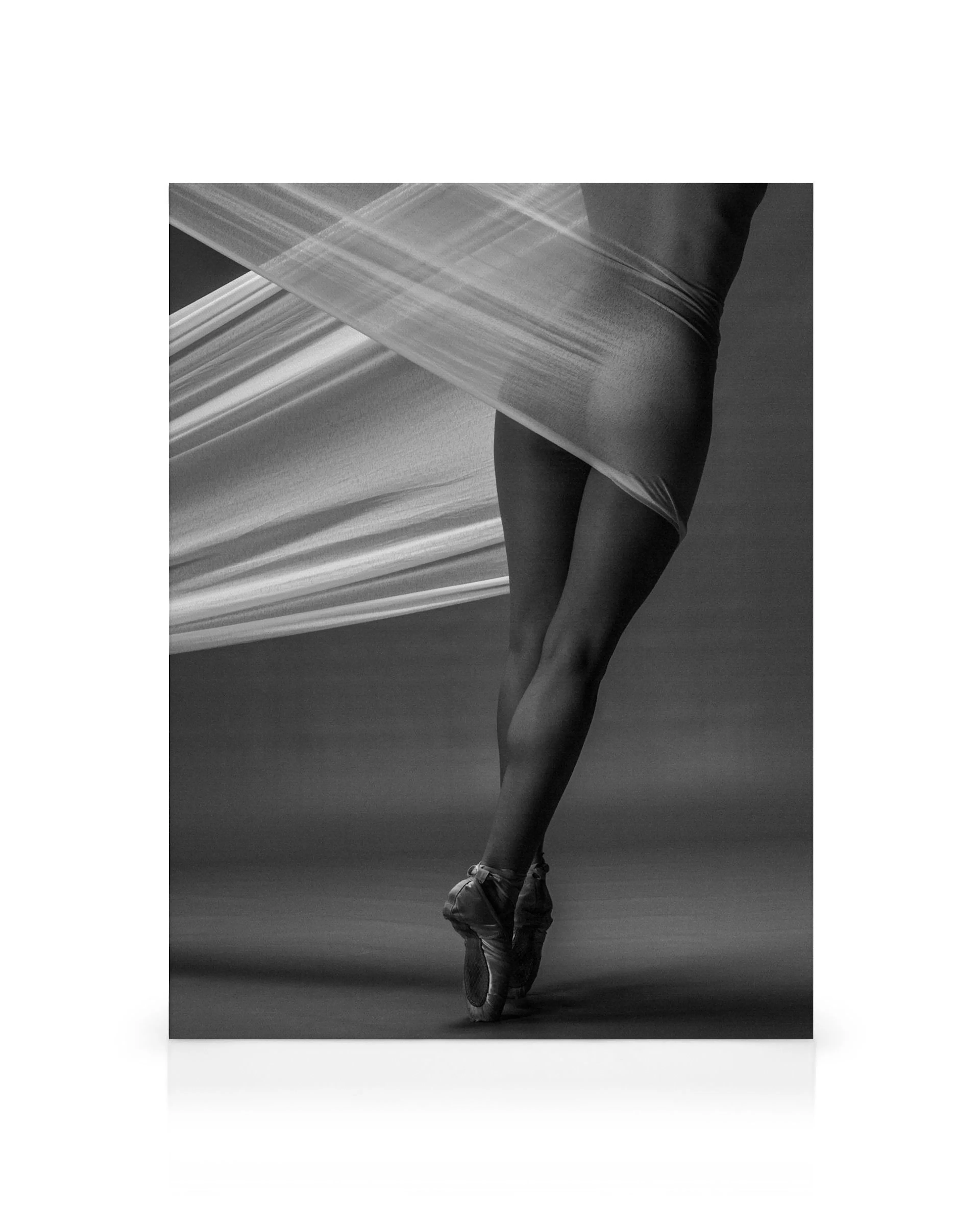 Schwarz-weißes Leinwandbild einer Balletttänzerin in einer eleganten Pose auf Spitzenschuhen, umhüllt von fließendem Stoff.