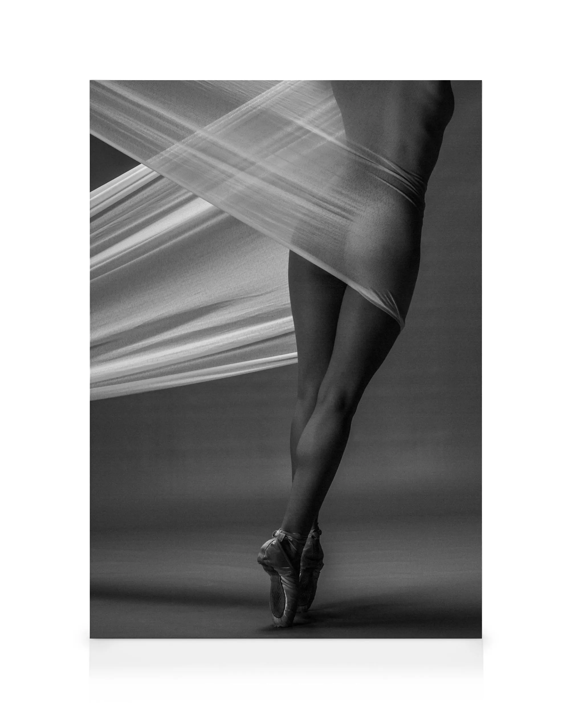 Toile noir et blanc dune danseuse de ballet aux jambes gracieuses, mouvement artistique fluide.