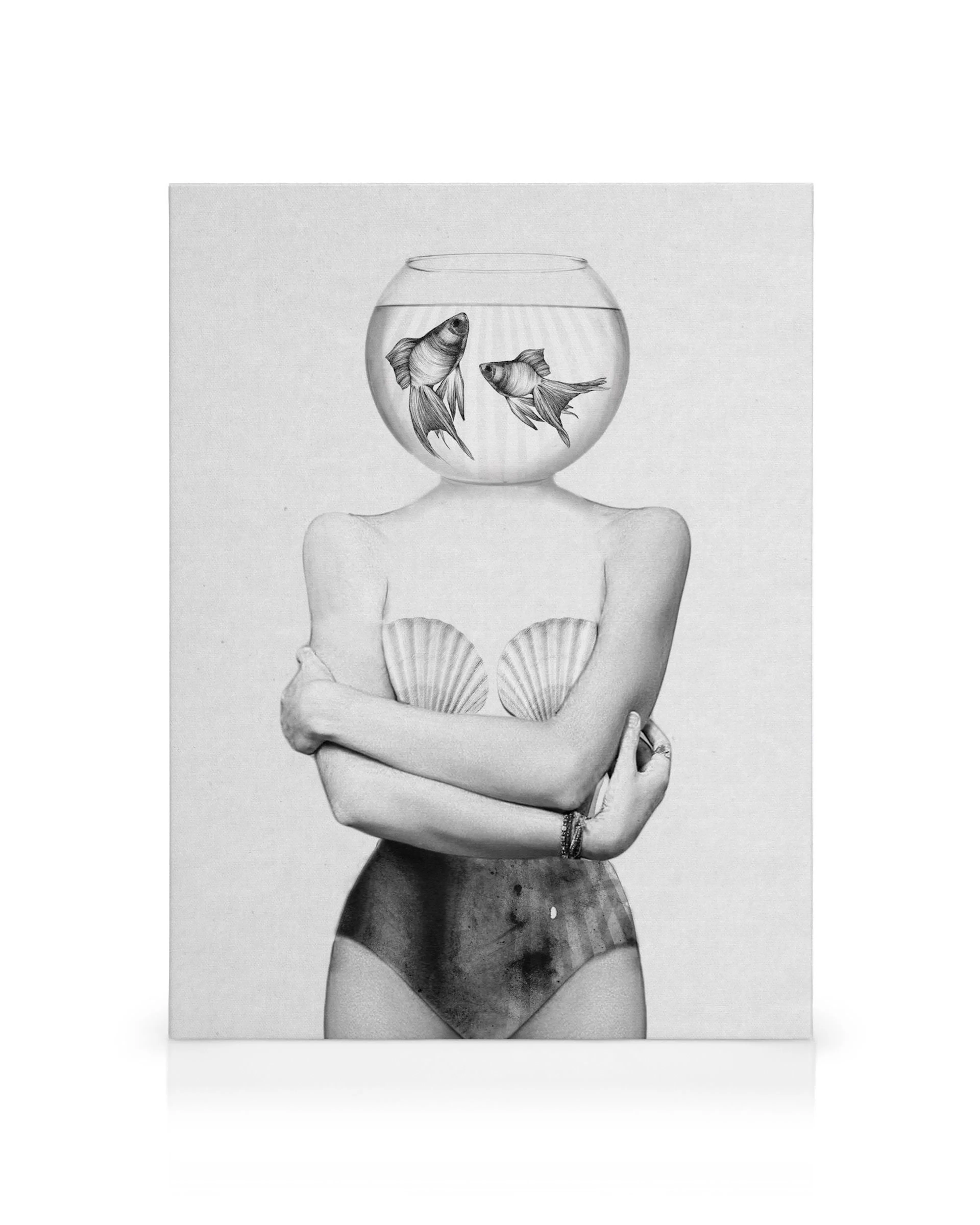 Surreal gray tone canvas print of a person with a fishbowl head and two fish, holding two seashells.