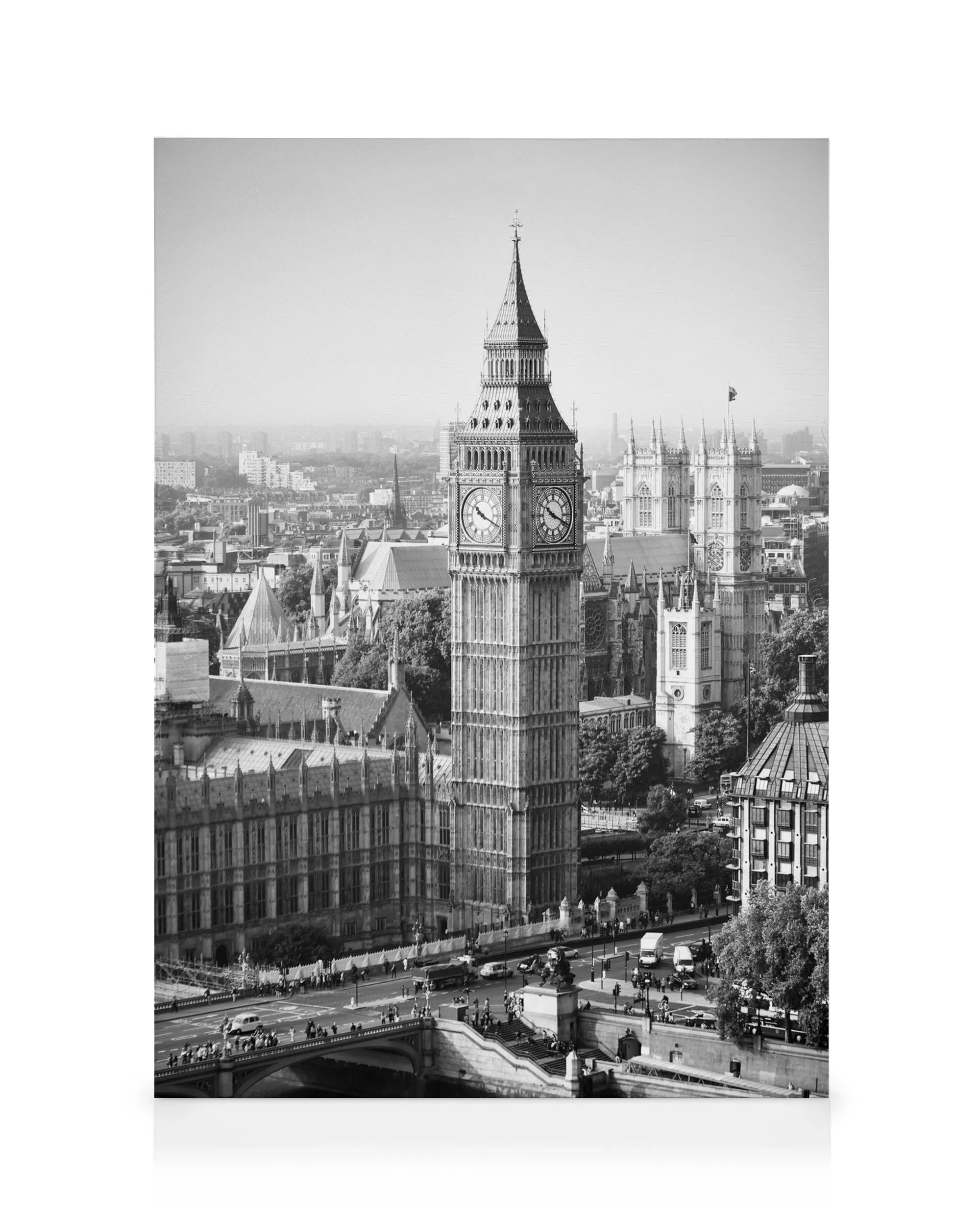 Black and white canvas print of Big Ben clock tower, Parliament, a bridge, and river Thames in London.
